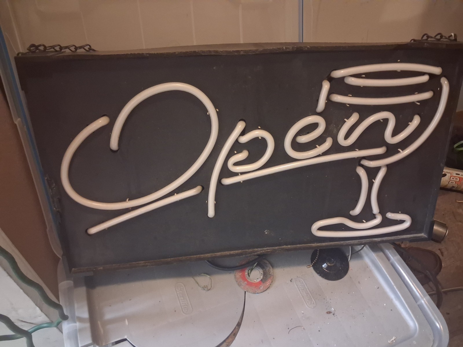 Neon “Open” Illuminated Sign w/ Martini Glass, Multi-Color Hanging Light