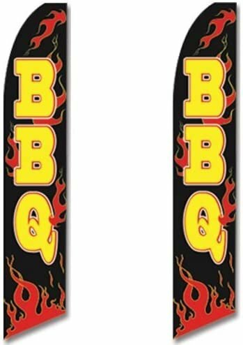2 (two) Pack Tall Swooper Flags Black with Red Flames & Yellow Text BBQ
