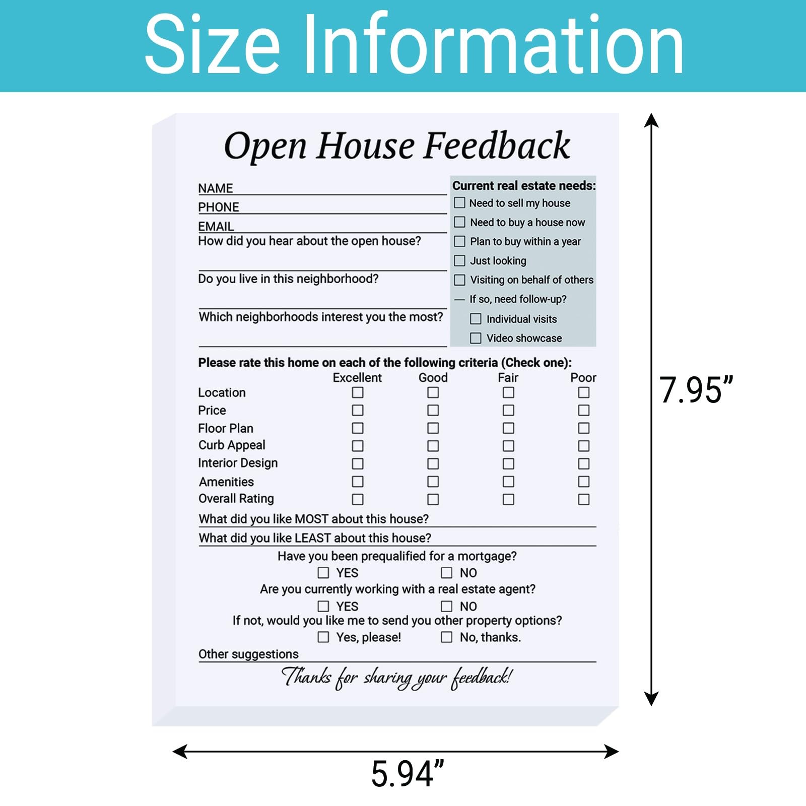 300 Pcs Open House Feedback Notepad Open House Supplies for Realtors Feedback