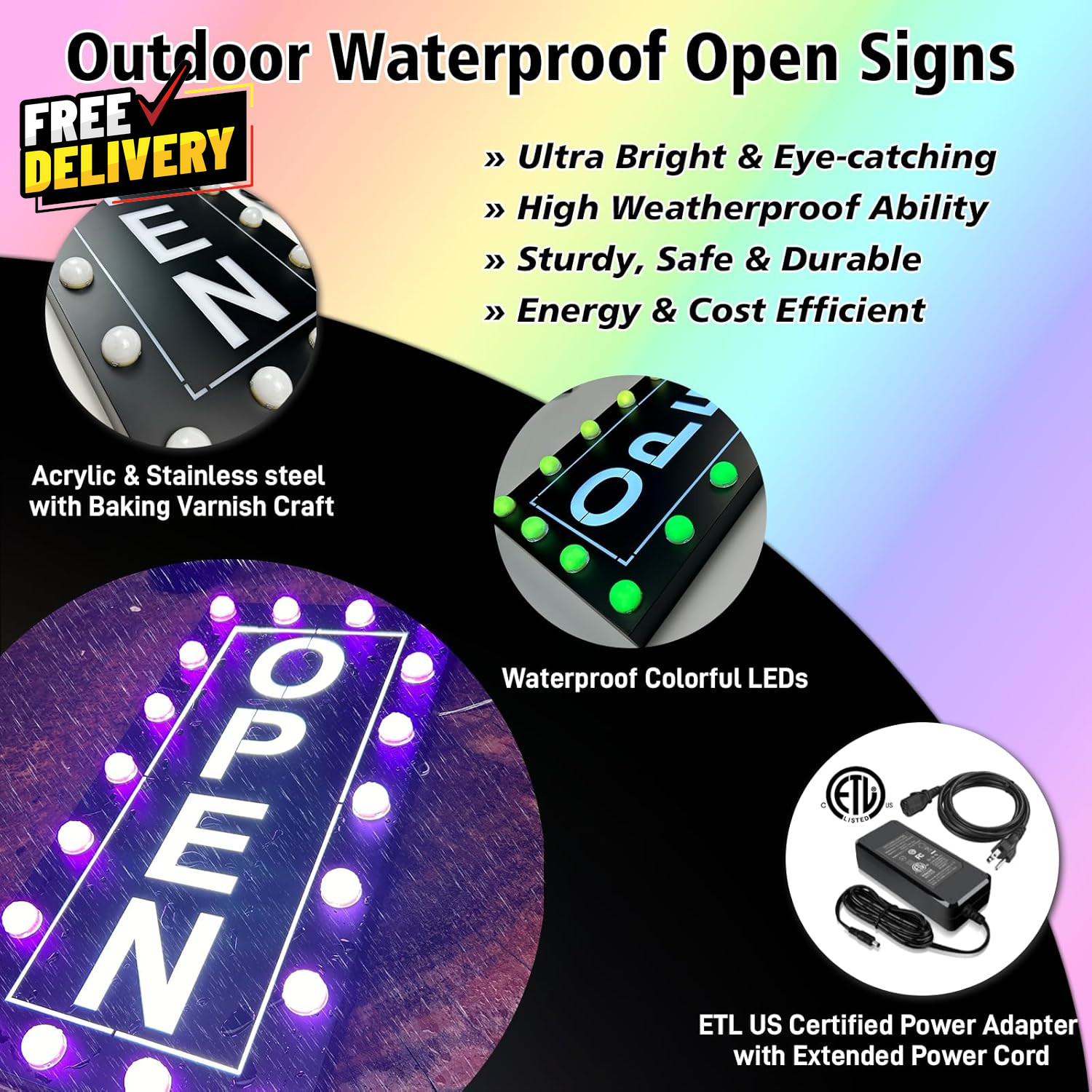 Large Outdoor LED Open Sign Waterproof RGB Color Changing with Power Adapter…