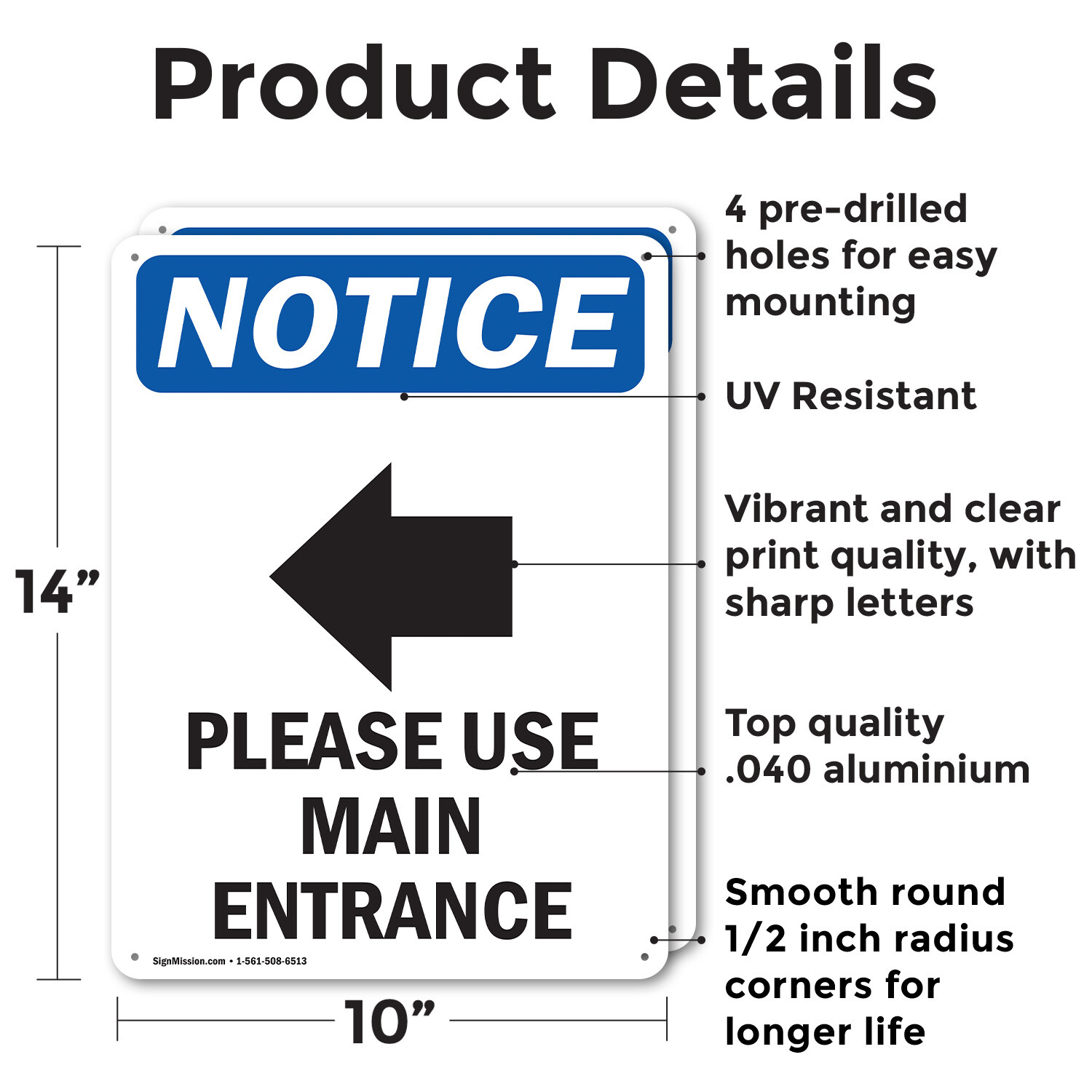 (2 Pack) Please Use Main Entrance OSHA Notice Sign Decal Metal Plastic