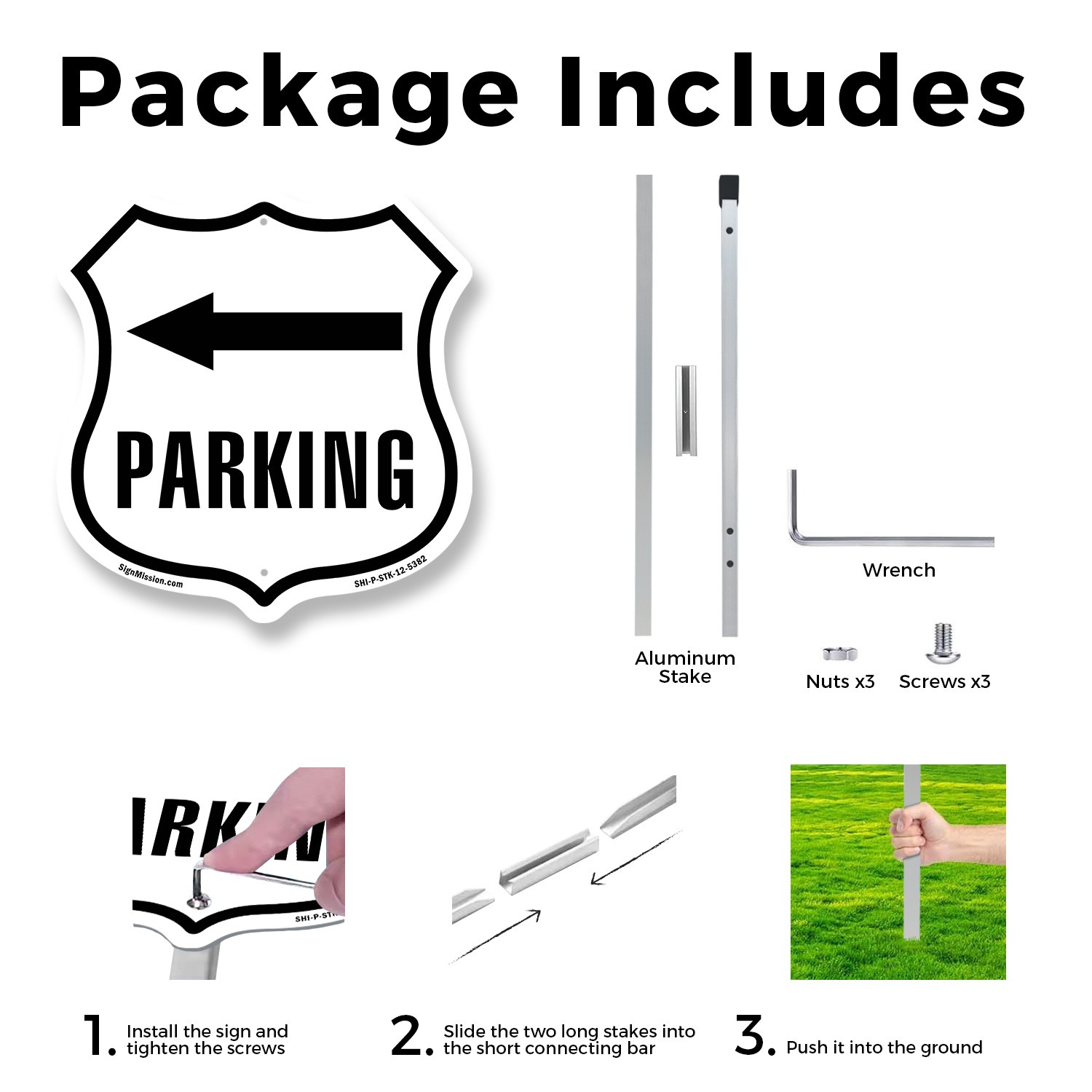 Parking Left Shield Shaped Sign With Stake Weather Resistant Crafted in the USA