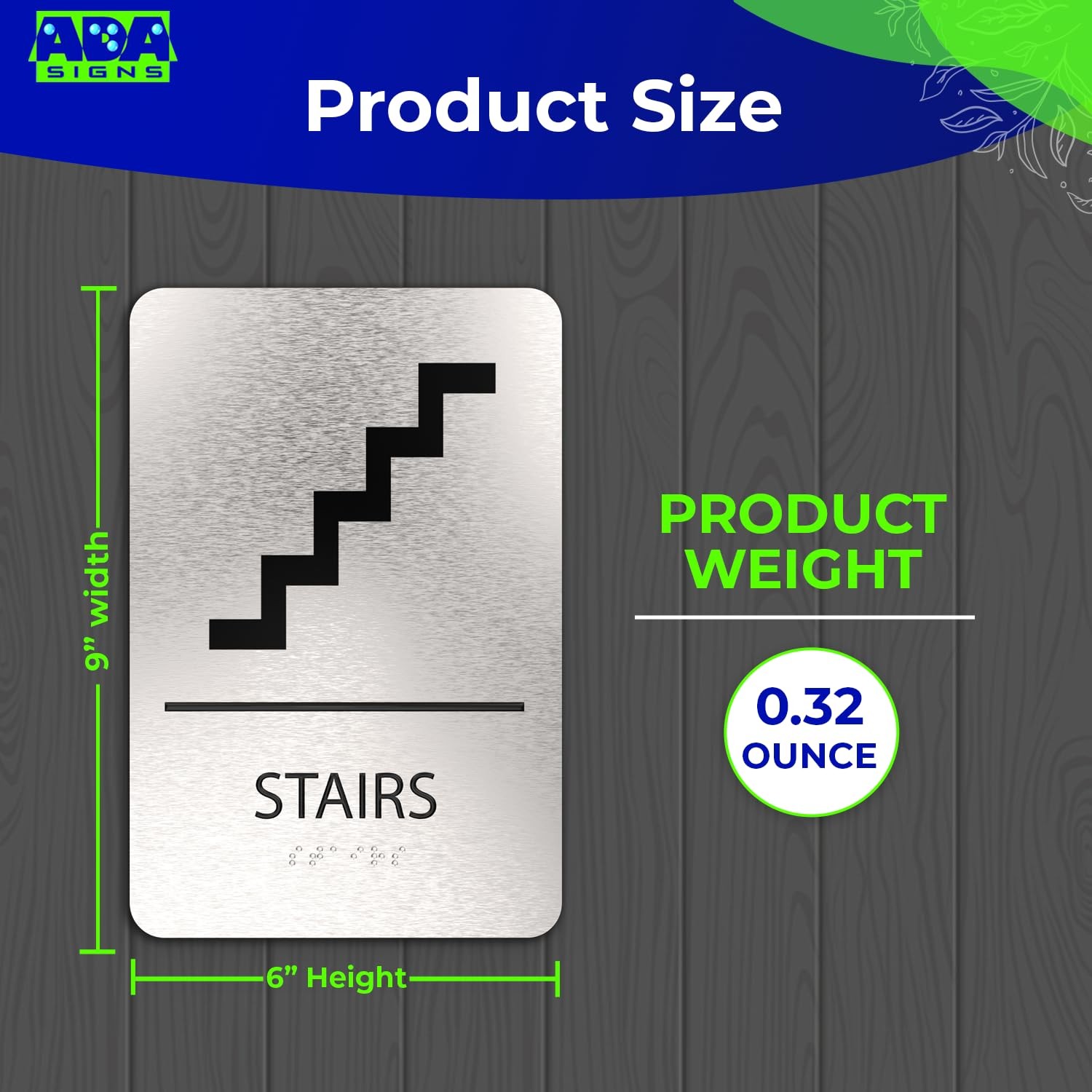 ADA Stairs Sign 6×9 Inch Brushed Aluminum Braille Tape Wall Placard Office