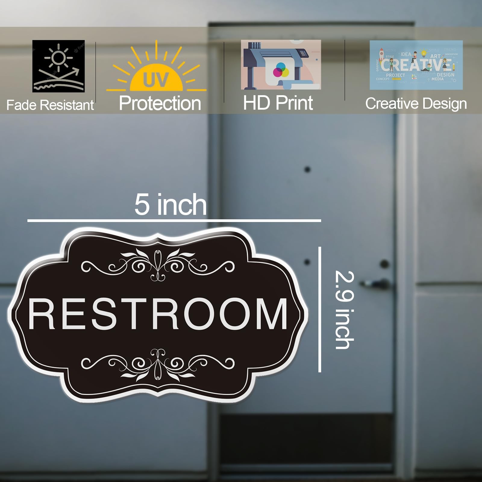 Designer Restroom Sign Unisex Bathroom Signage Door Wall Decor Plaque Black