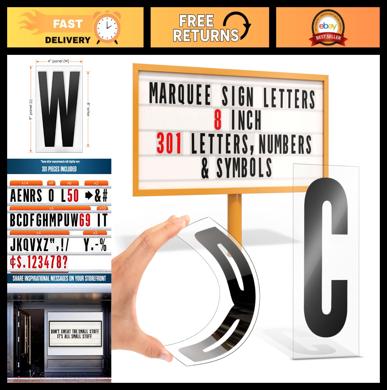 Changeable Marquee Letters – 8&Prime; Plastic Sign Letters for Outdoor Use, 301 PC Set