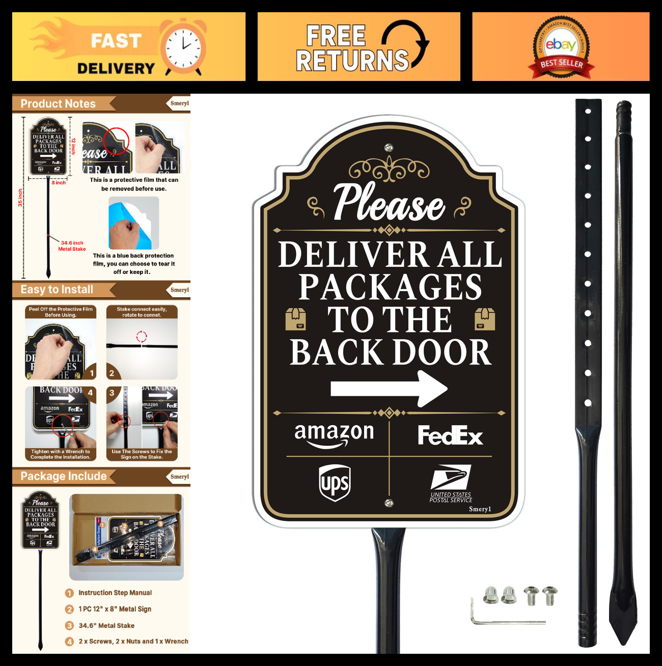 Back Door Package Delivery Sign with Arrow, 12&Prime;x8&Prime;, Rust-Free Aluminum, Weatherp