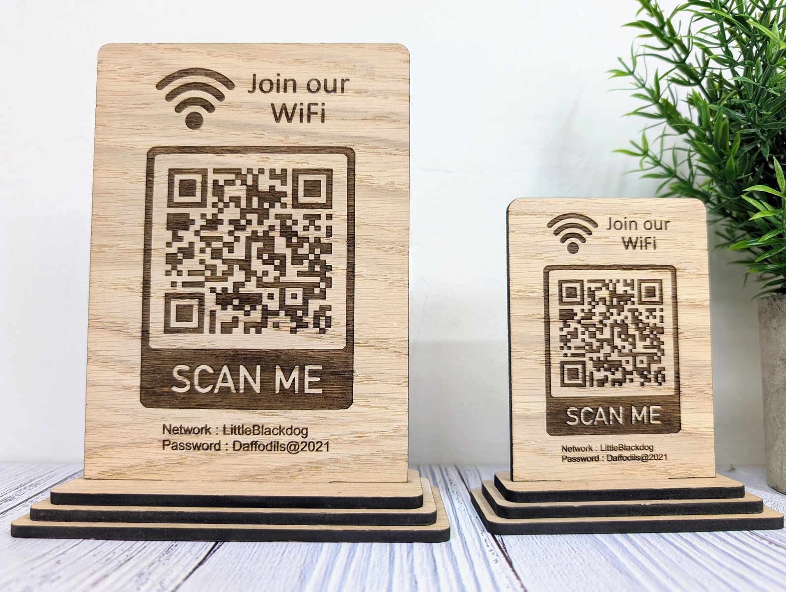 Wooden WiFi QR Code Sign, Network Password Table Display, 2 Sizes, 1 or 2 Sided