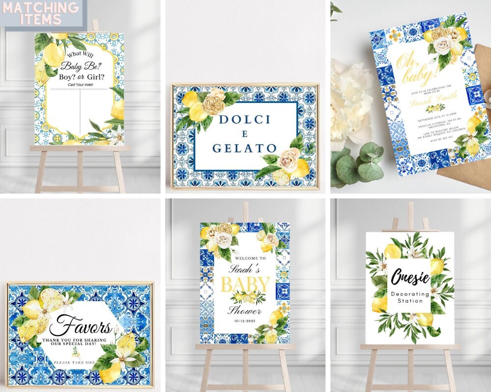 Lemon Italian Themed Welcome Sign Baby Shower Bridal Shower Yellow Blue Tile Ge