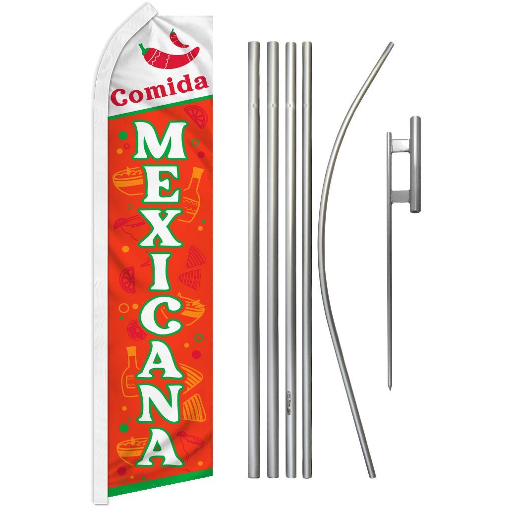 « COMIDA MEXICANA » Advertising Super Flag & Pole Kit Mexican food tacos