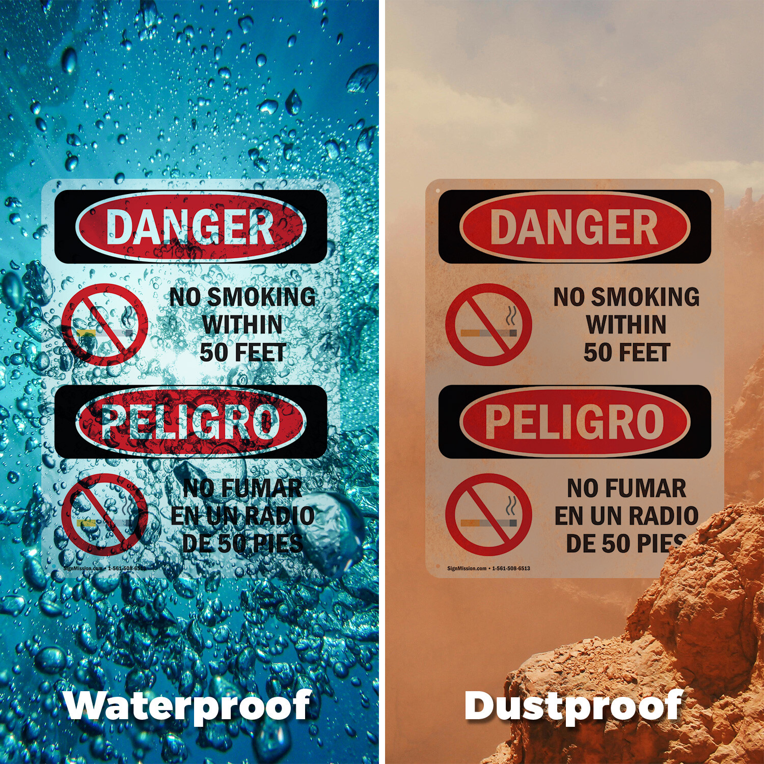 (2 Pack) No Smoking Within 50 Feet Bilingual OSHA Danger Sign Decal Metal