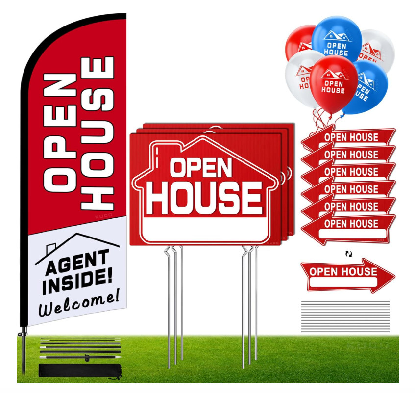 45 Pcs Open House Signs for Real Estate Kit, 1 Open House Flag, 9 Double-Sided..