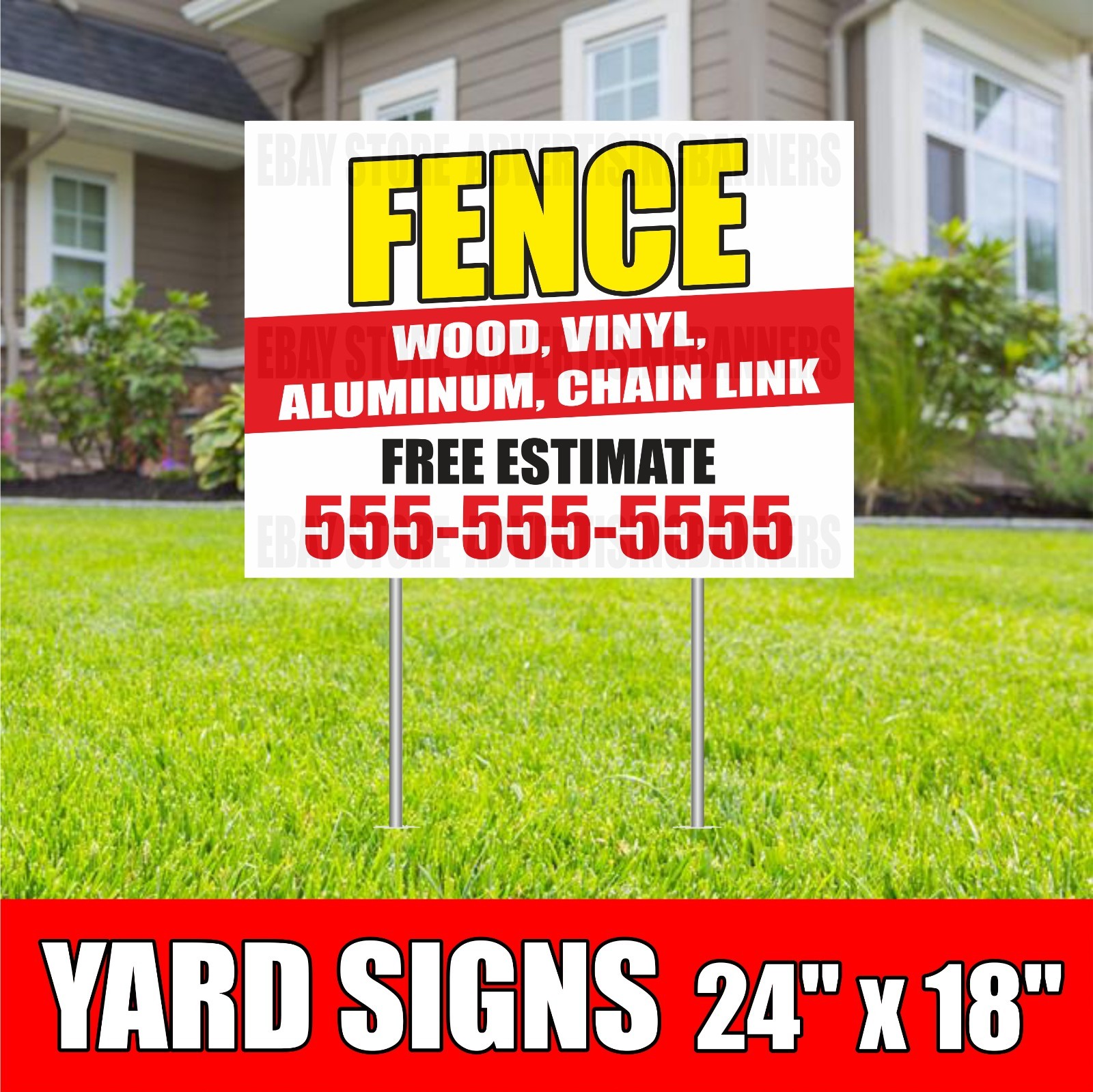 FENCE WOOD VINYL ALUMINUM CHAIN LINK Yard Sign with H-Stakes Custom Phone