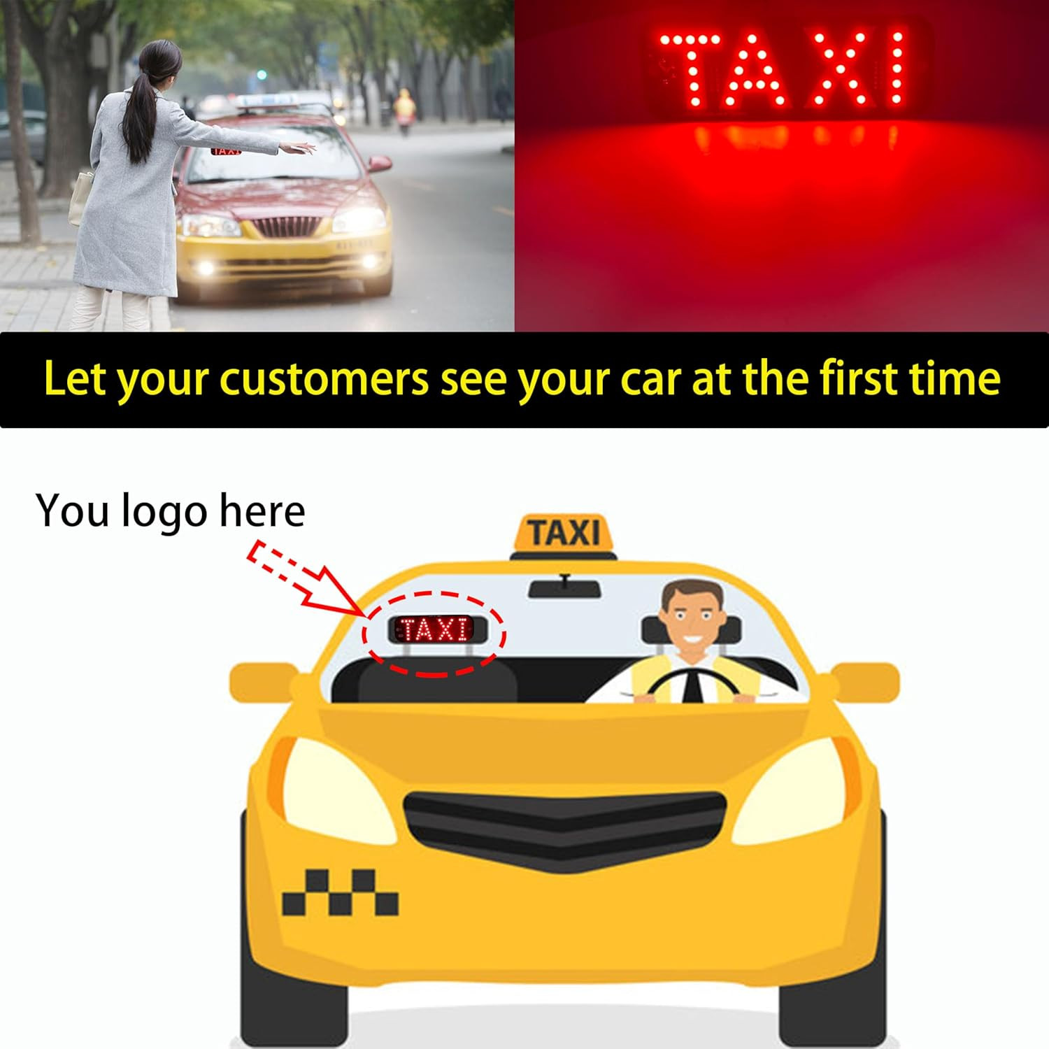 Red LED Taxi Sign for Car, Window/Windshield Mount with Suction Cups and USB Plu
