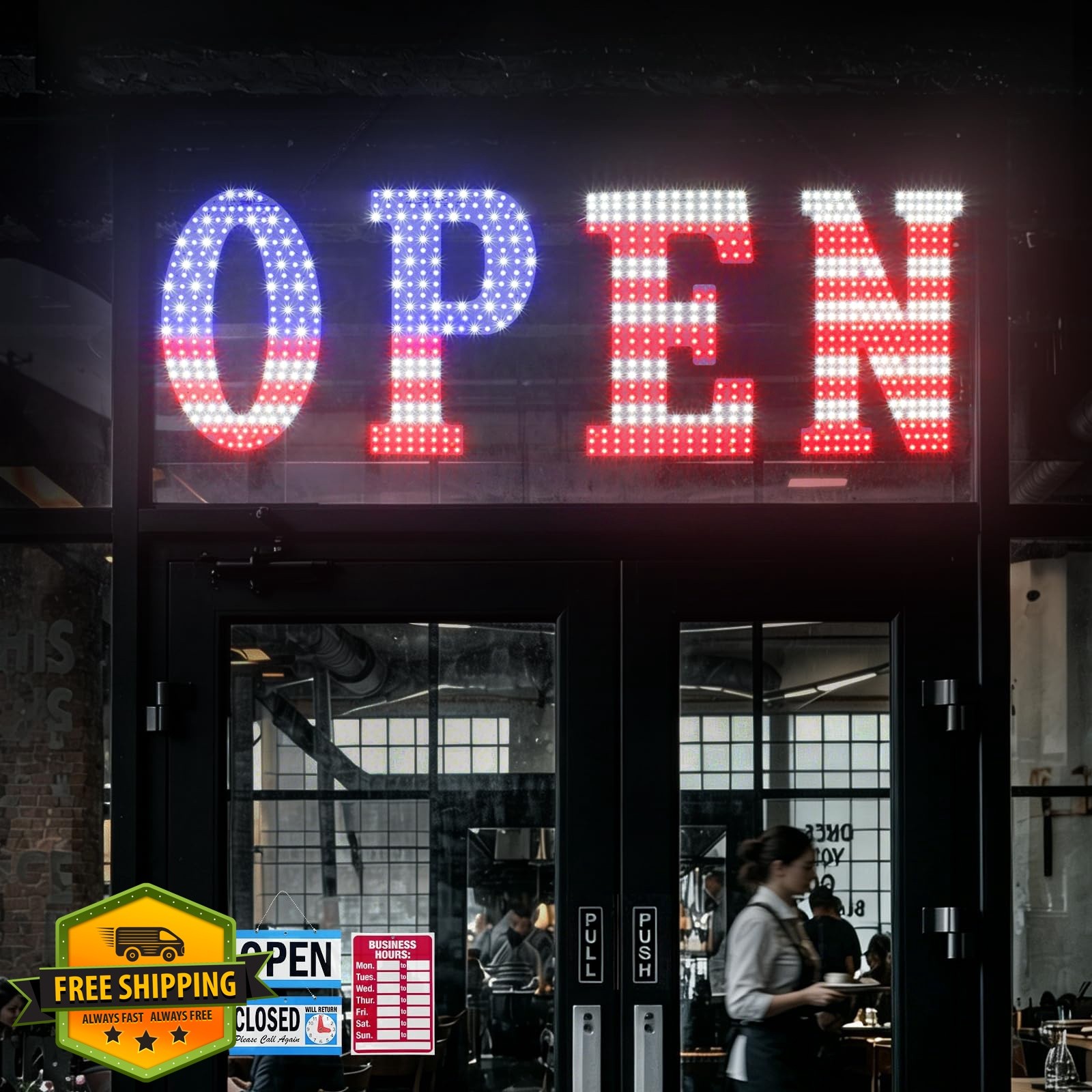 LemonNova USA Flag LED Open Sign 43&Prime;x14&Prime;