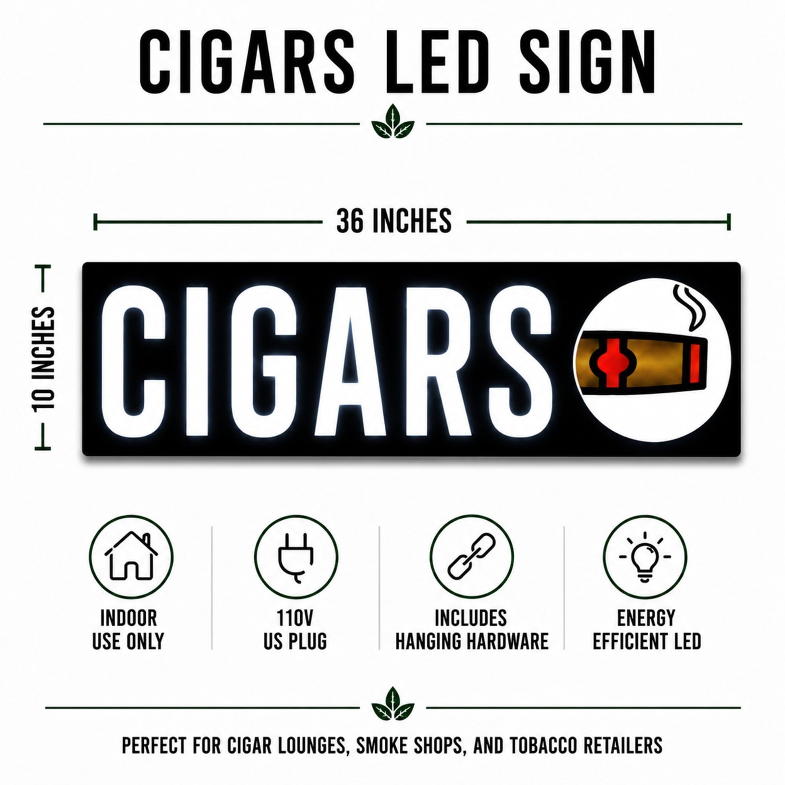 38&Prime; Cigars LED Window Sign | Cigar Shop Business Sign | Edge-Lit Display