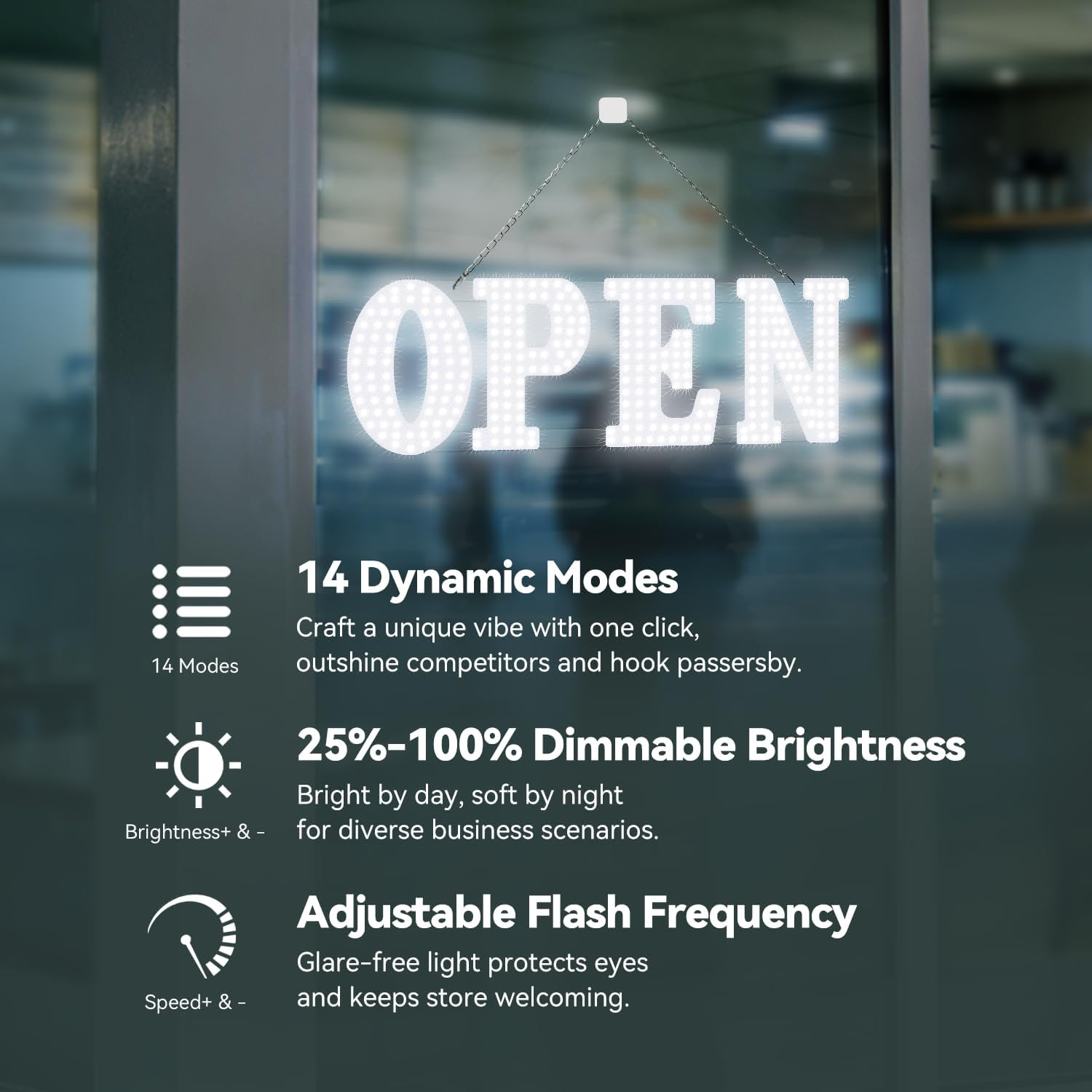 Bright LED Open Sign with Remote, 14 Modes, Dimmable for Businesses
