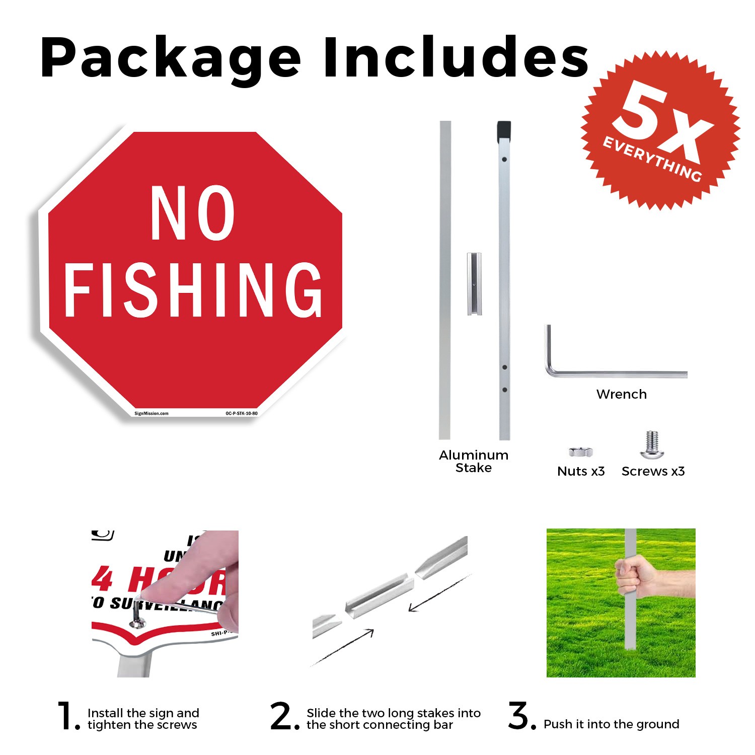 No Fishing Octagon Sign With Stake Weather Resistant UV Protected