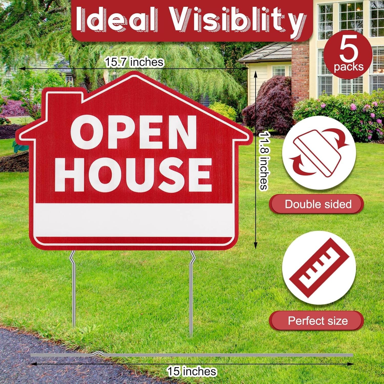 Large 5-Pack Double Sided Red Open House Signs with Metal Stakes – 16&Prime;x12&Prime;