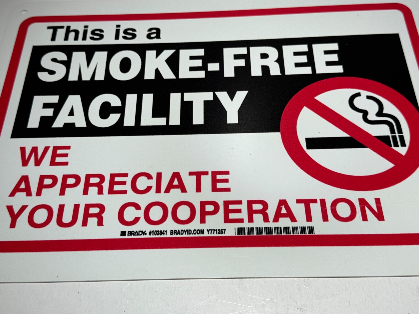 Brady 103841 This Is A Smoke-Free Facility 14in x 10in Sign