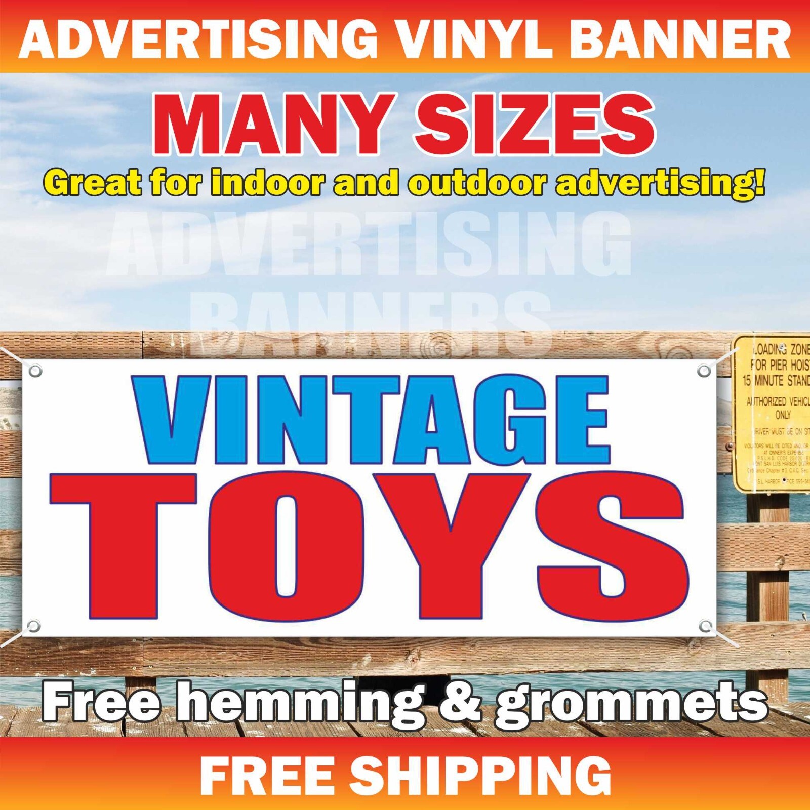 VINTAGE TOYS Advertising Banner Vinyl Sign ANTIQUE SHOP COLLECTIBLES RECORDS