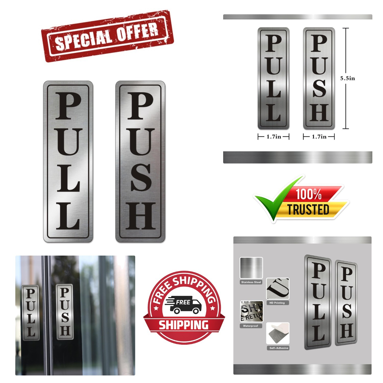 Metal Stainless Steel push pull signs for door,With Self Classic