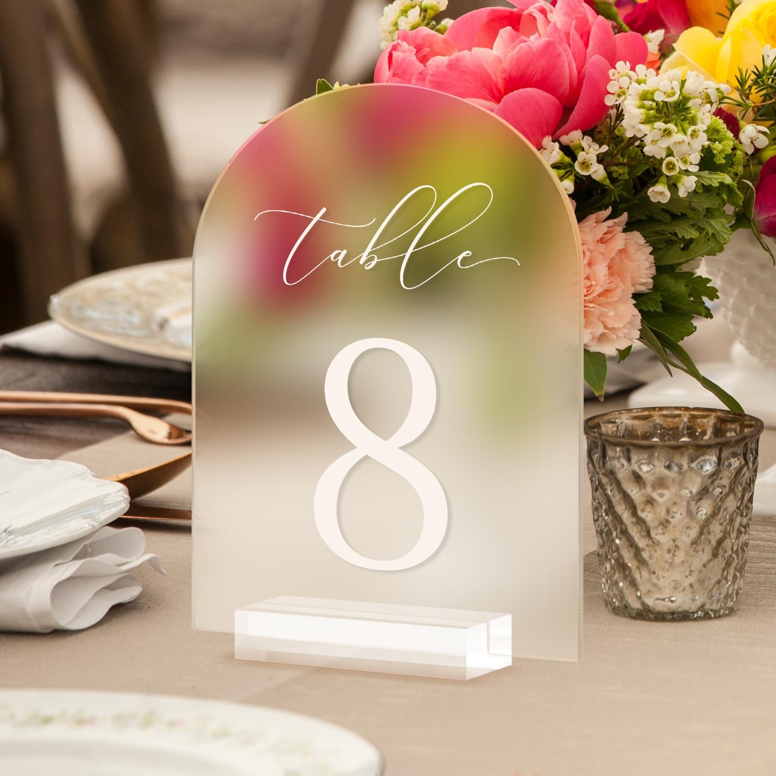 115 Frosted Acrylic Arch Wedding Table Numbers Stands Signs 5×7 Inch