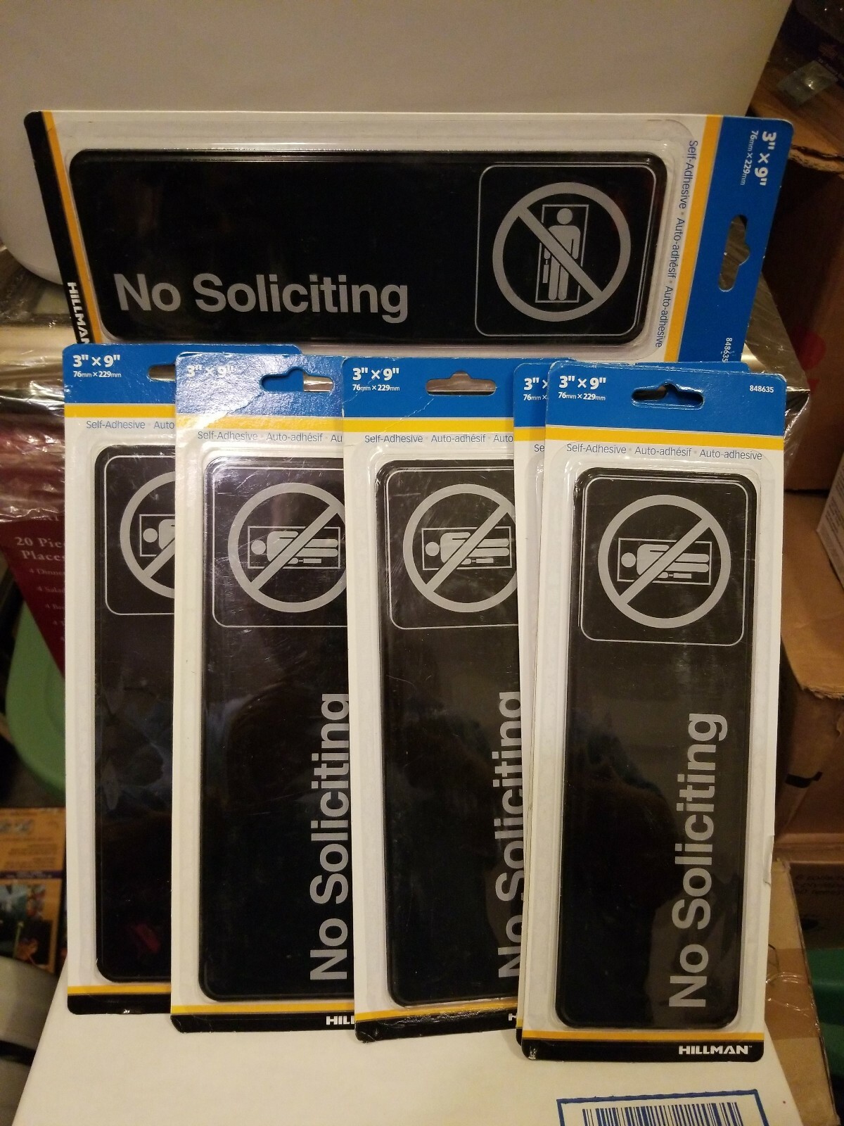 NO SOLICITING sign Lot 3&Prime;x 9&Prime; Self-Stick 848635 Visual Impact Brand NEW! X7