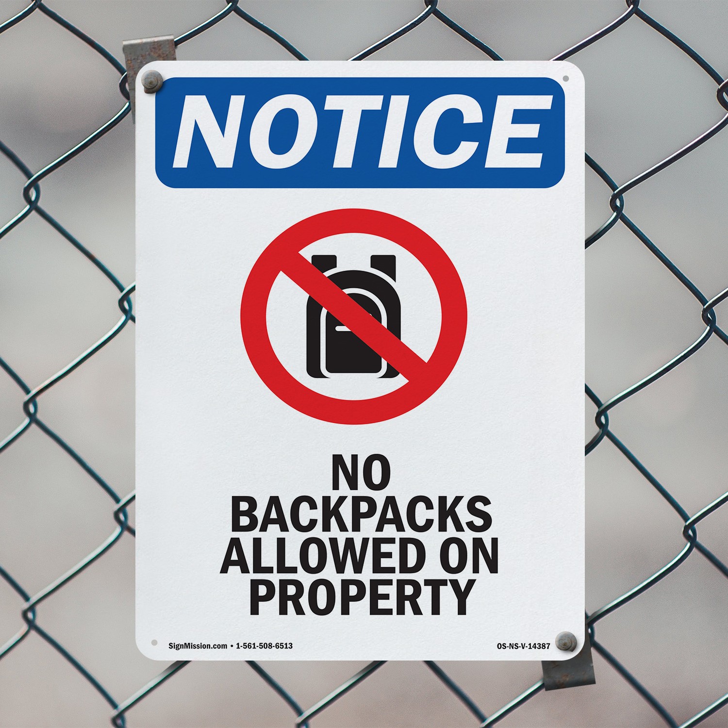 No Backpacks Allowed OSHA Notice Sign Metal, Plastic, Or Decal – 5 or 10 Pack