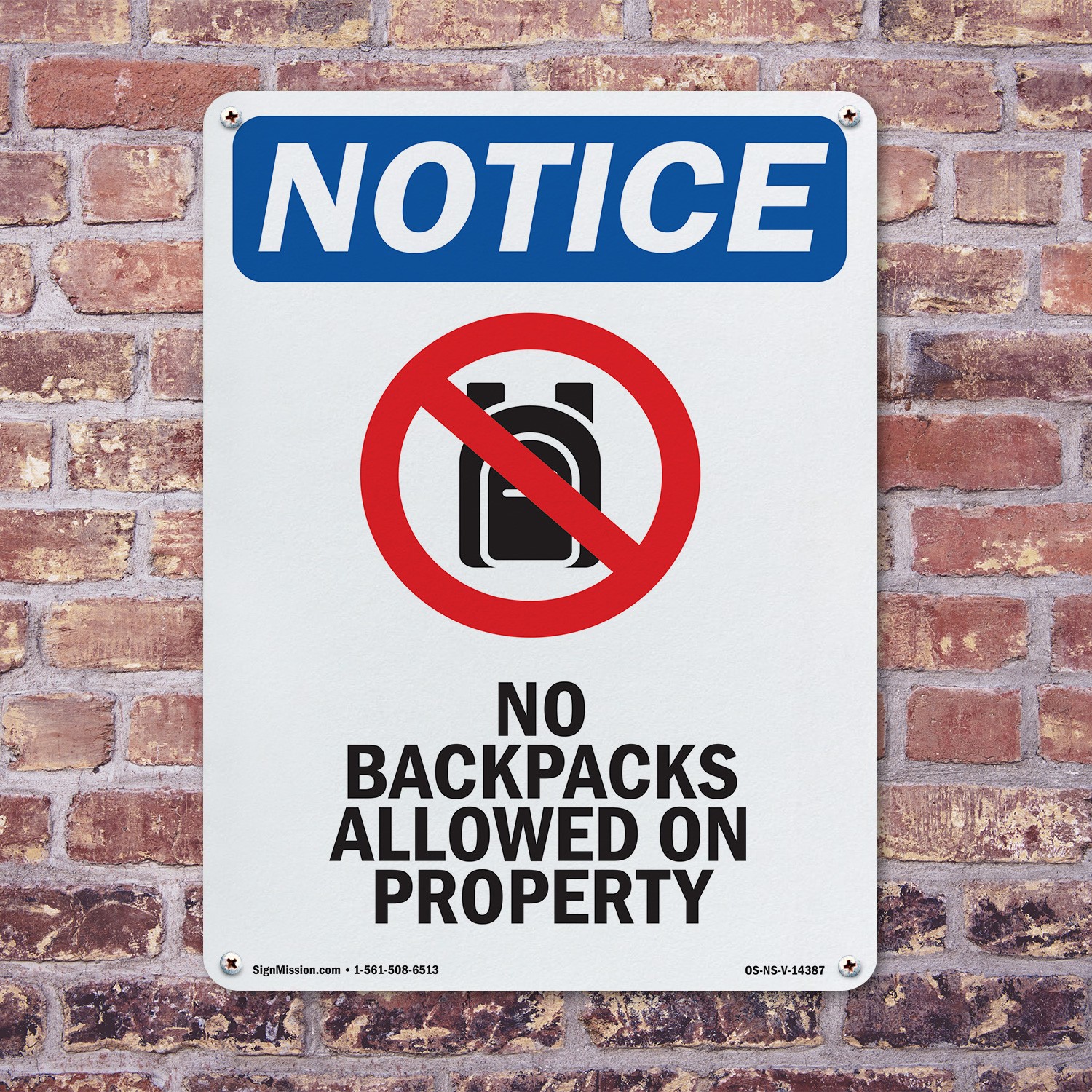 No Backpacks Allowed OSHA Notice Sign Metal, Plastic, Or Decal – 5 or 10 Pack