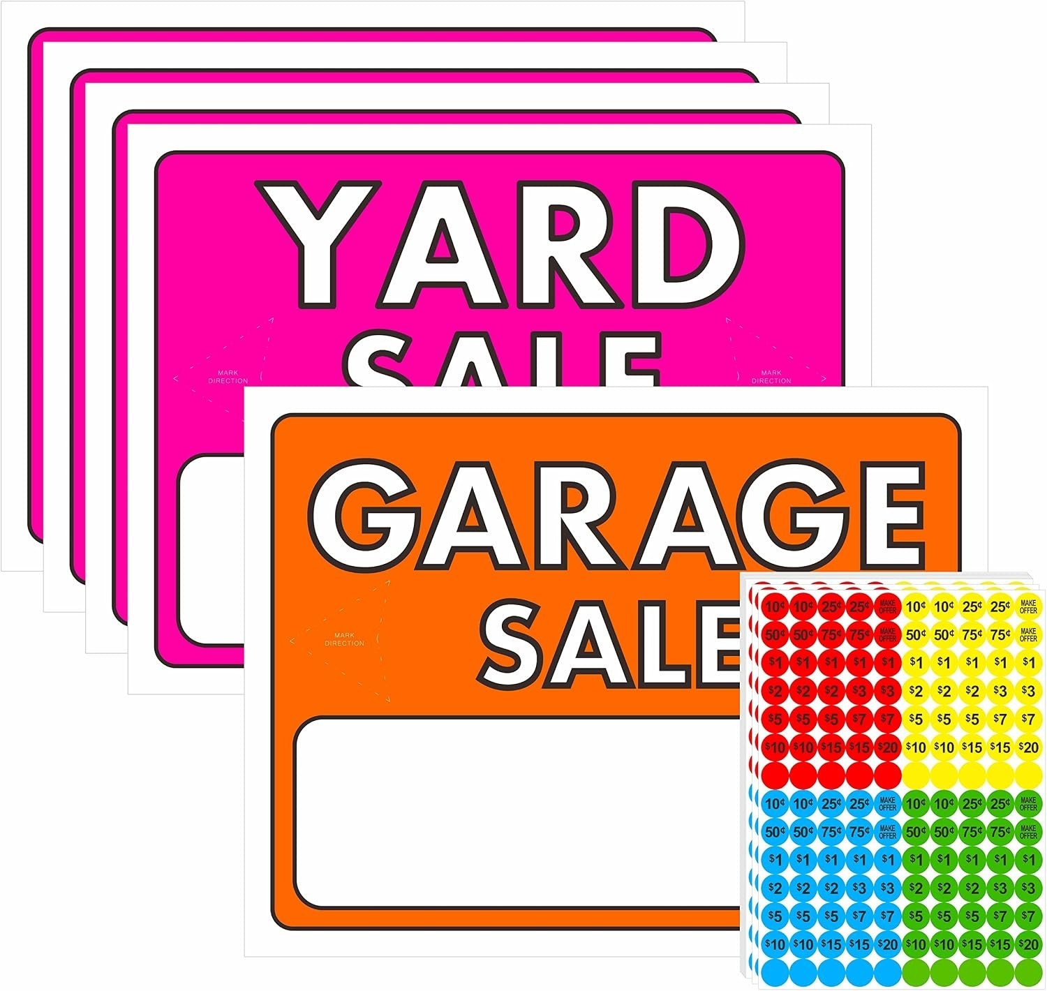 Yard Sale Sign Kit 5-Piece Double-Sided Neon Plastic Signs with 1400 Stickers