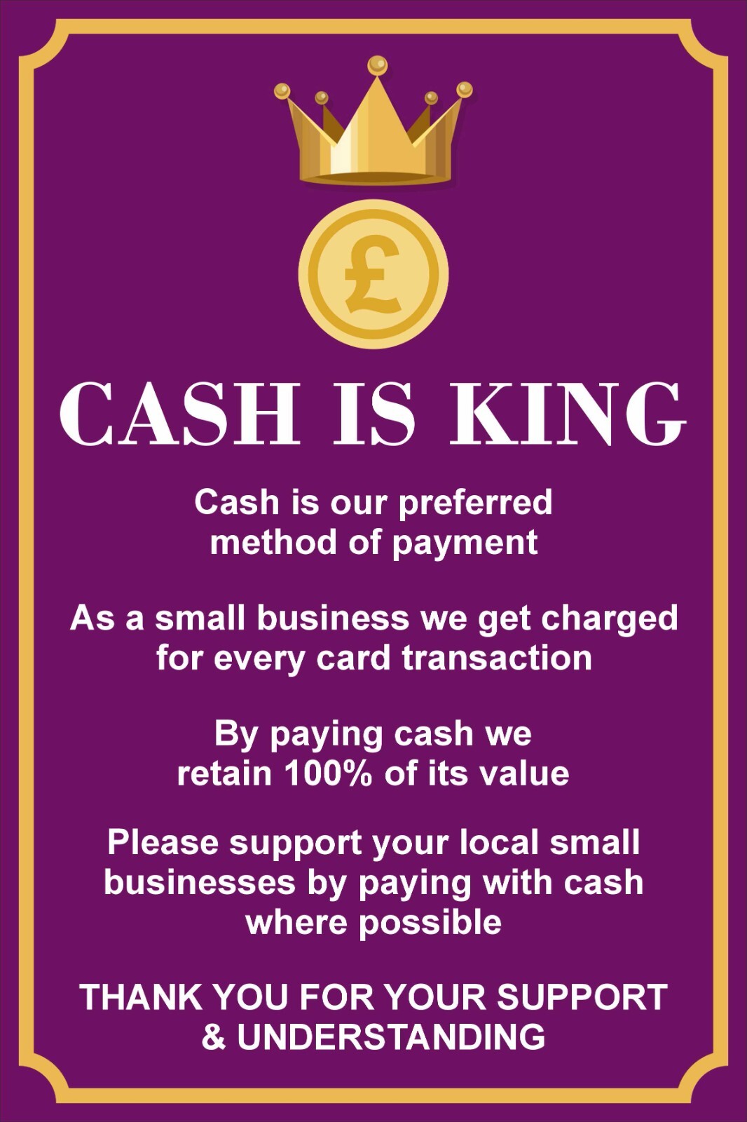 CASH PAYMENT SIGN FOR SHOP CAFE SALON BUSINESS – CASH IS KING NOTICE A4 A5 SIZE