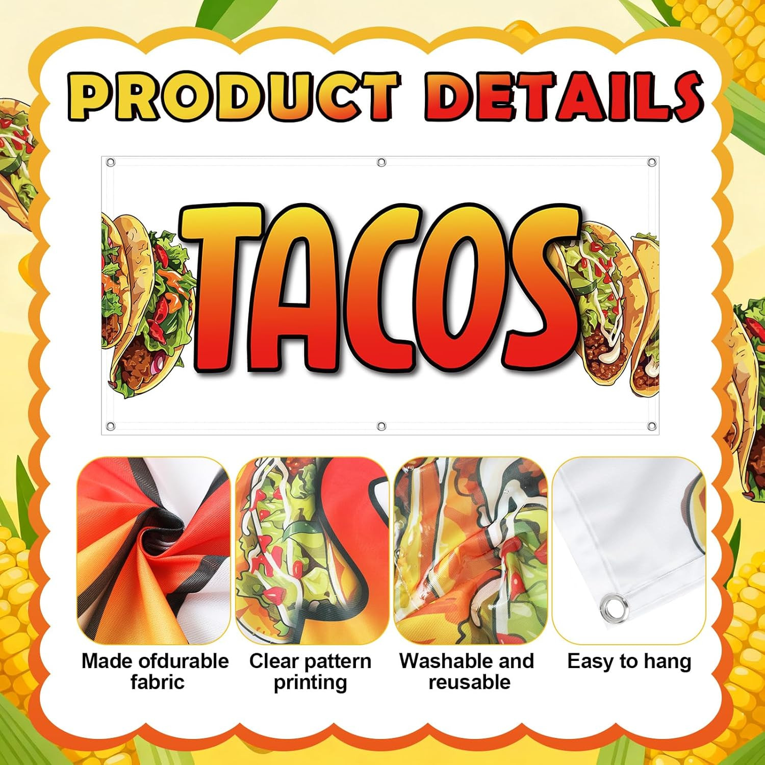 2X4 Feet Tacos Banner Store Sign Fabric Polyester with Grommets for Easy Hang In