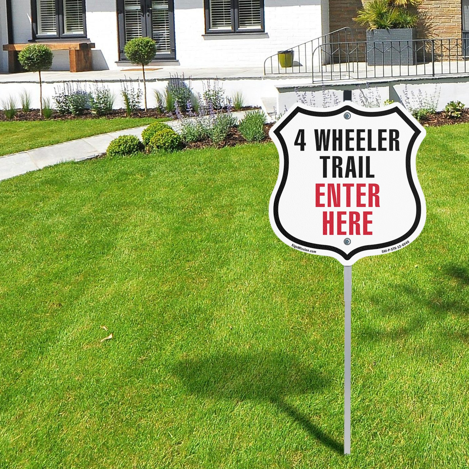 4-Wheeler Trail Enter here Shield Shaped Sign With Stake Made in the USA