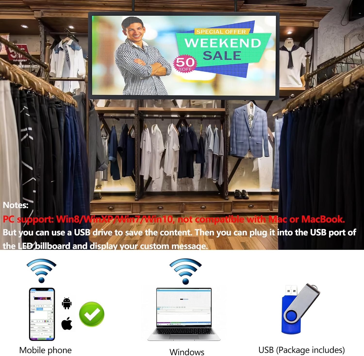 P3 Full Color LED Scrolling Sign, WiFi/USB Control, Brightness Adjustable 40&Prime;x17