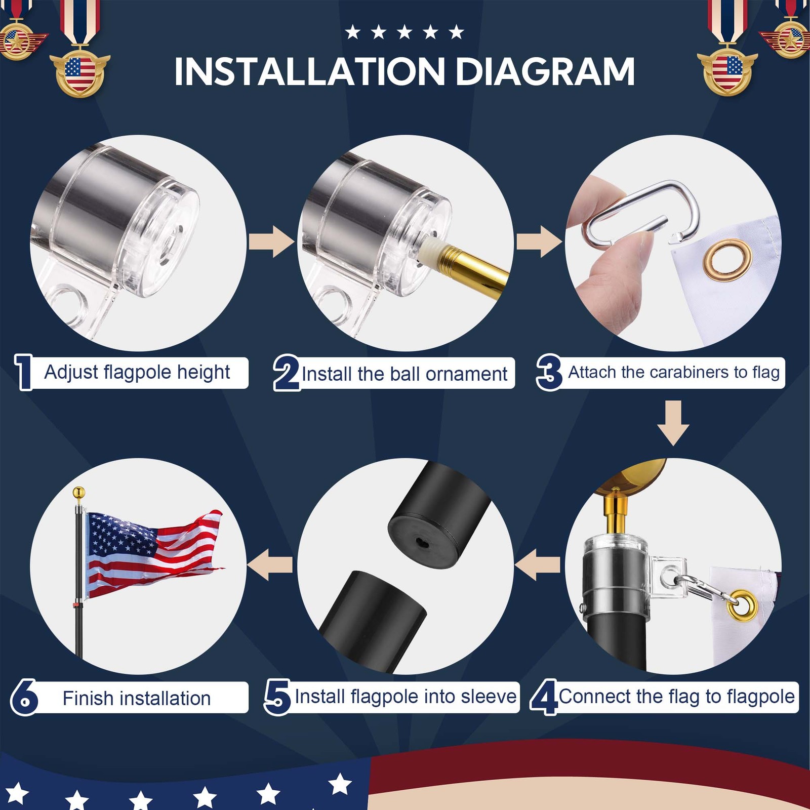 Yescom EZ GO 20&prime; Telescopic Flag Pole Kit Solar Light US Flag Eagle Topper Black
