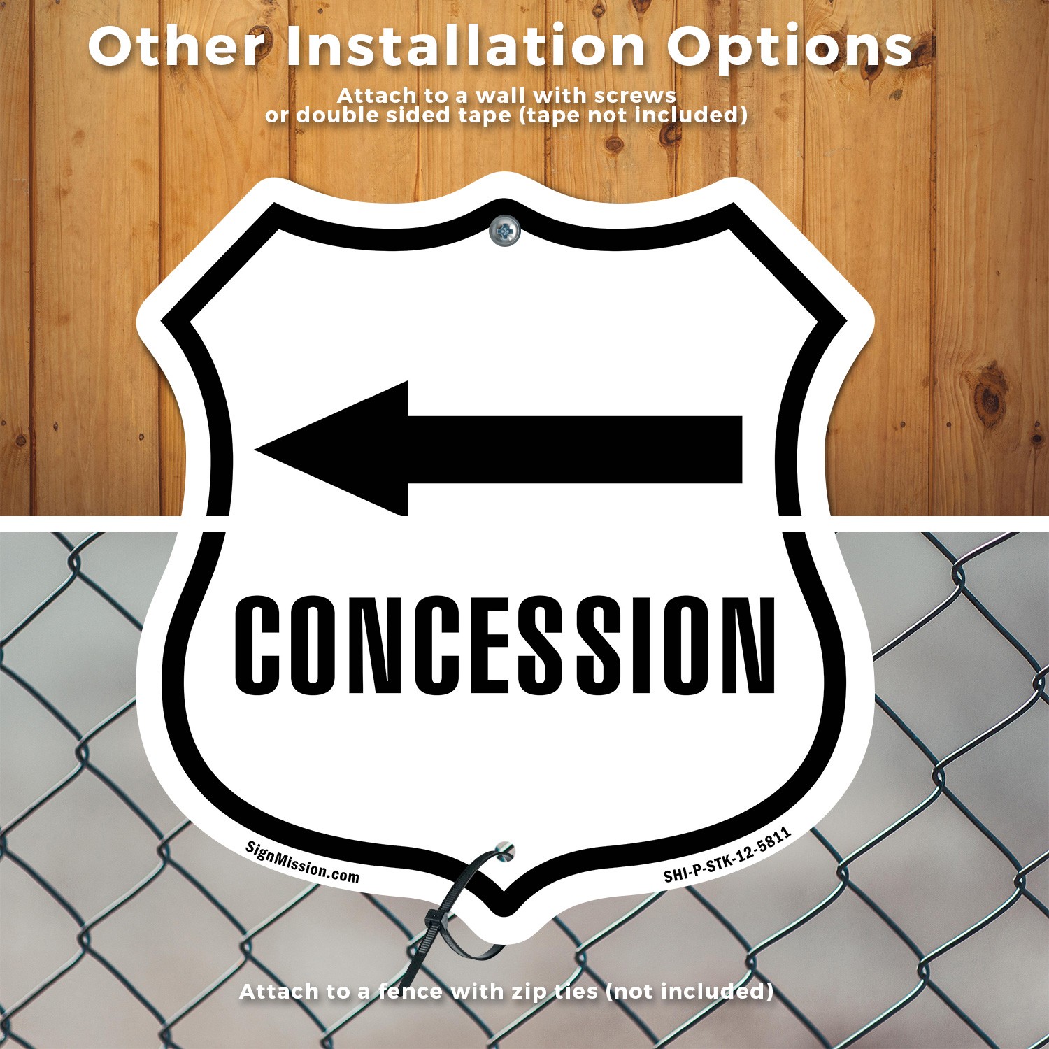 Concession Left Shield Shaped Sign With Stake Crafted in the USA