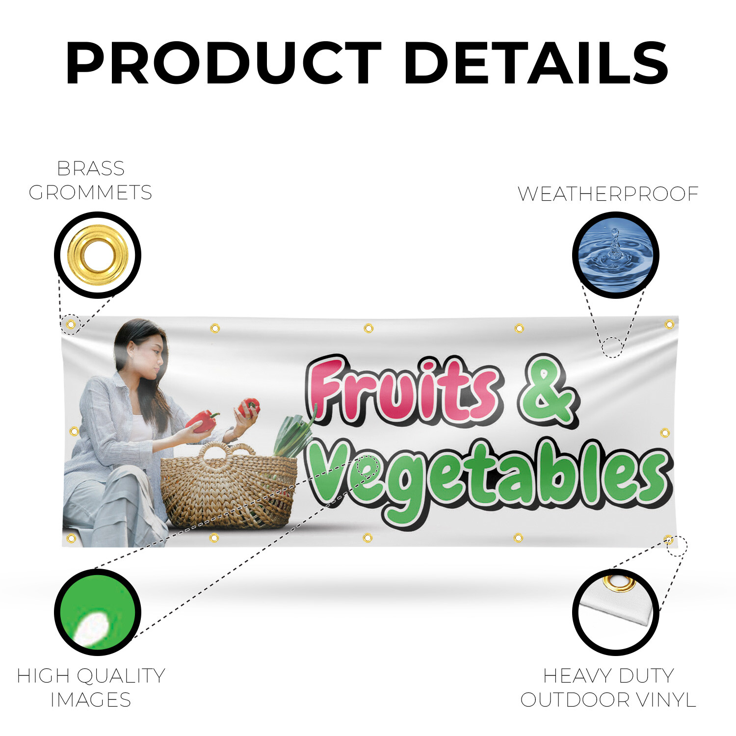 Fruits and Vegetables Vinyl Banner Sign with Metal Grommets Heavy-Duty
