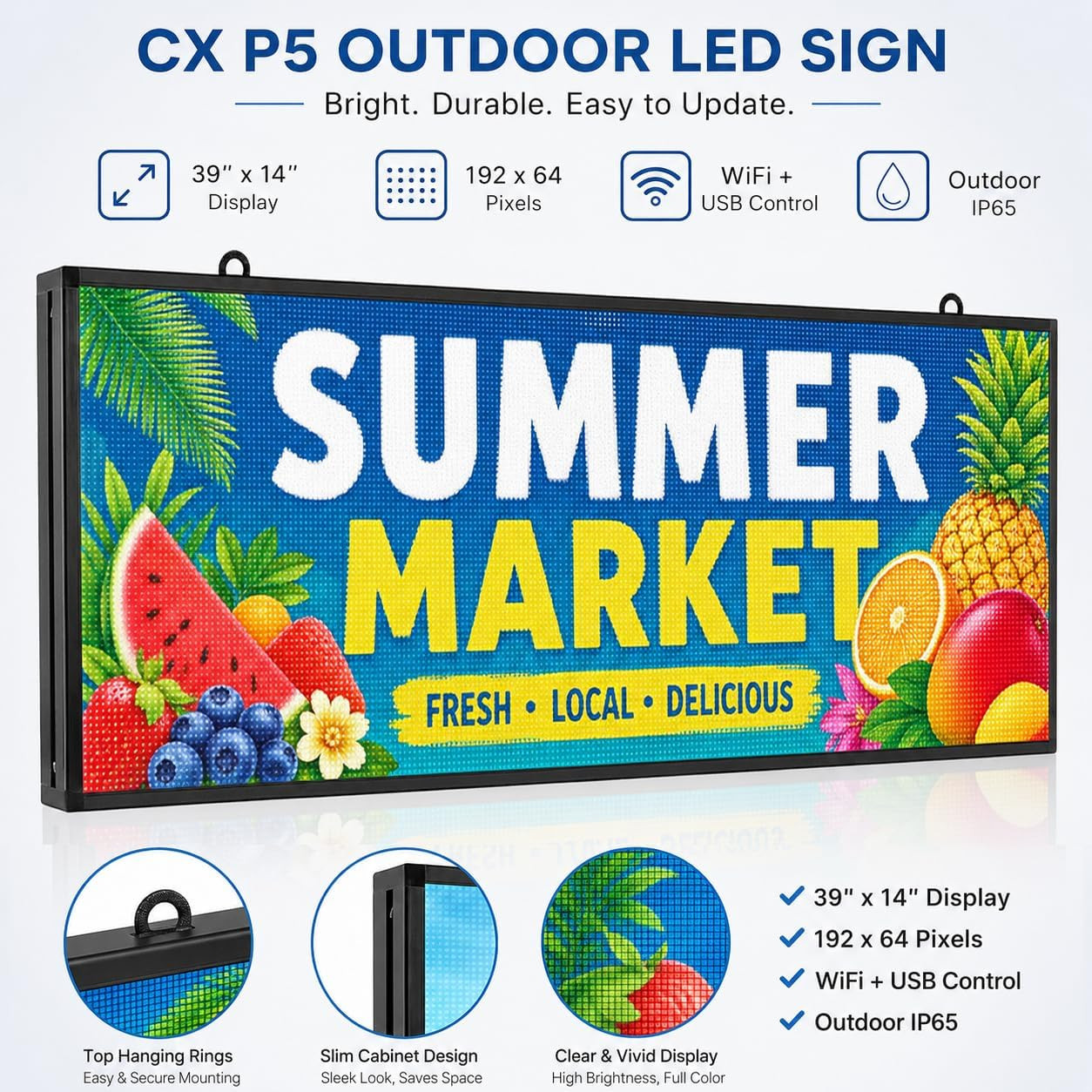 P5 Outdoor LED Sign 39&Prime; X 14&Prime;, Wifi & USB Programmable Full-Color Message Board,
