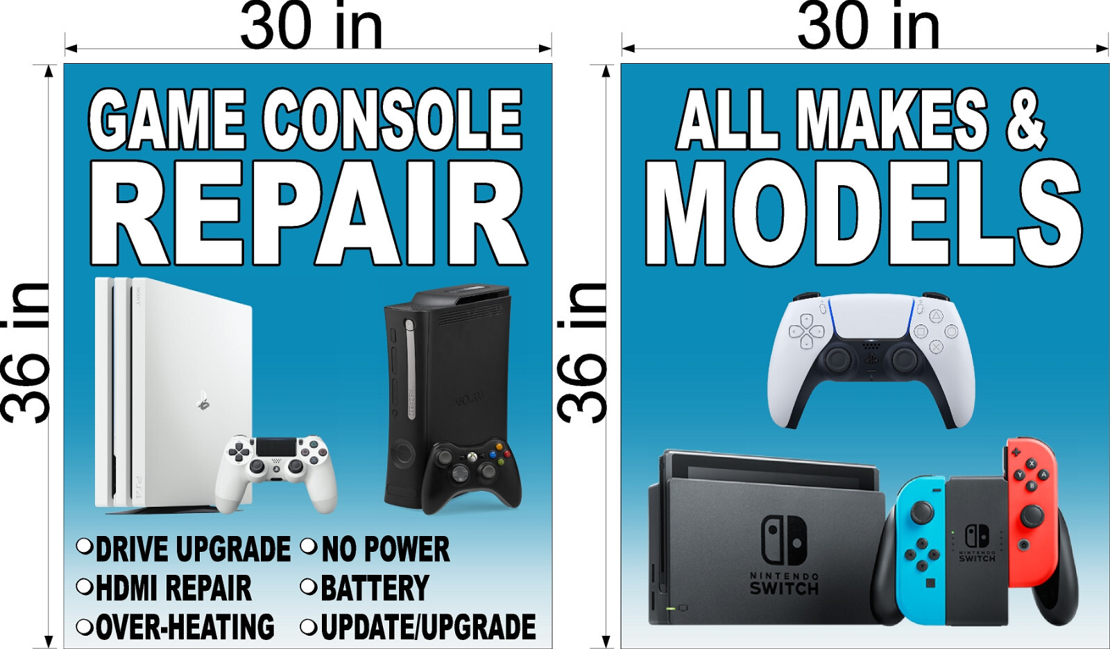 NEW PERFORATED WINDOW VINYL DECAL VIDEO GAME CONSOLE REPAIRS 30&Prime; X 36&Prime; PAIR
