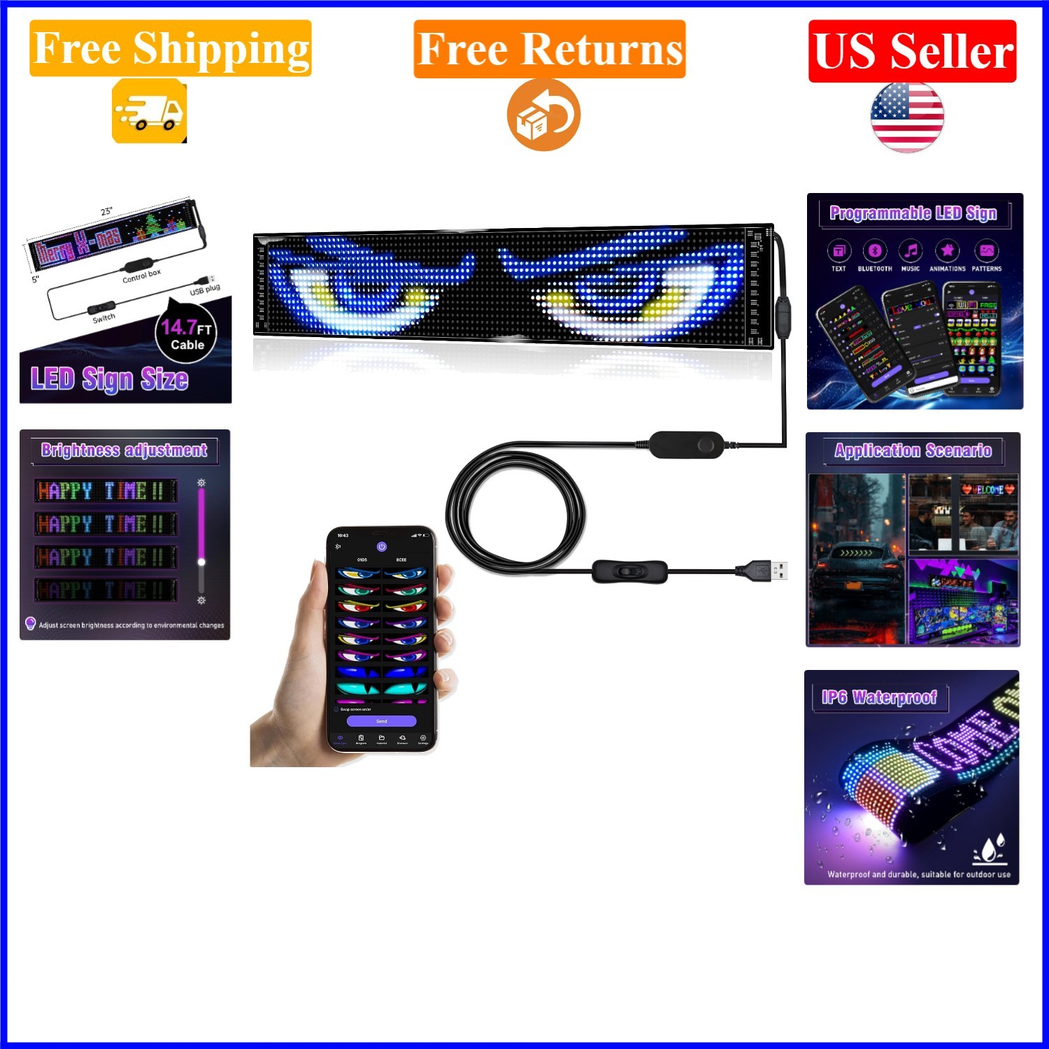 Programmable LED Car Eyes Sign Bluetooth Control Waterproof 23x5in