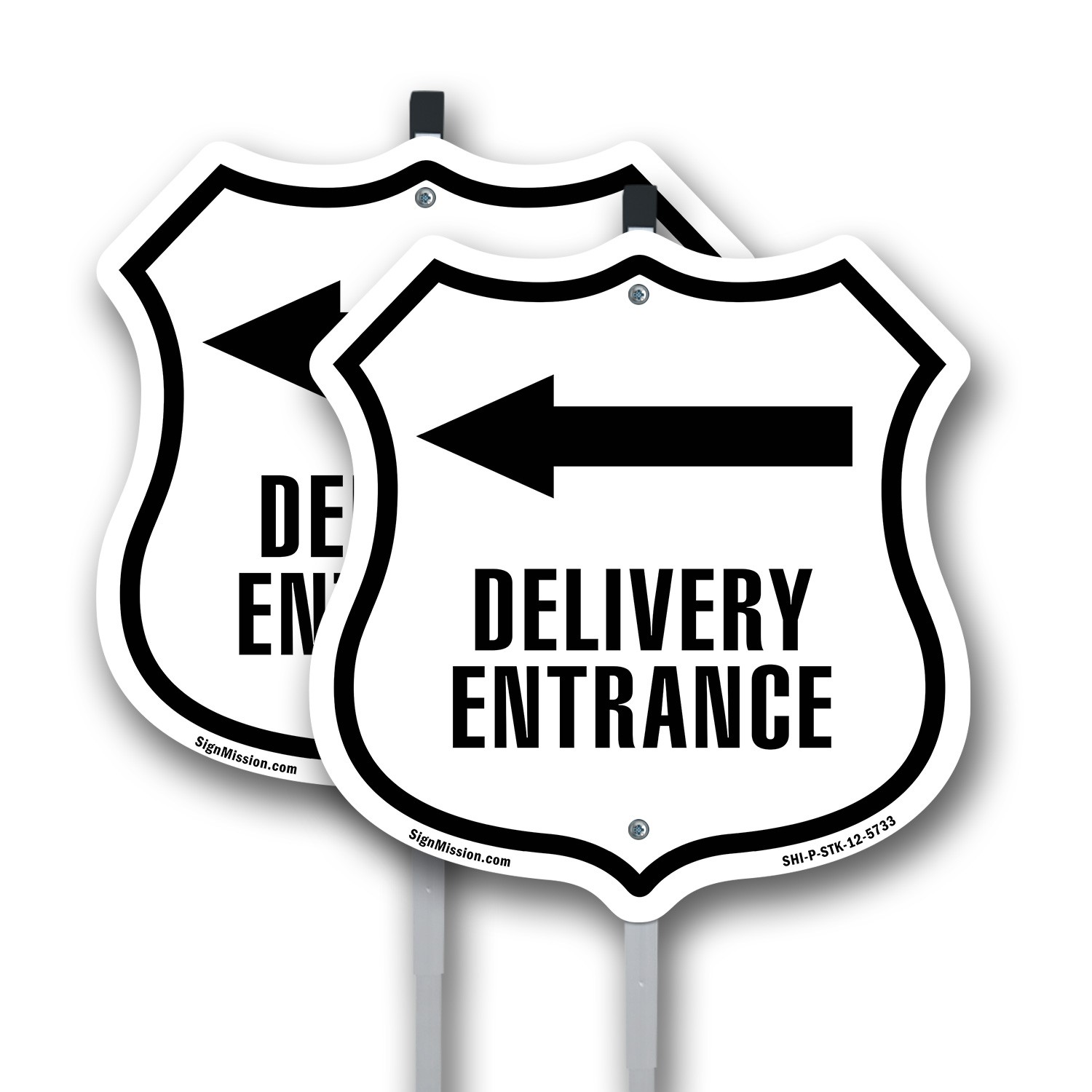 Delivery Entrance Left Shield Shaped Sign With Stake Crafted in the USA