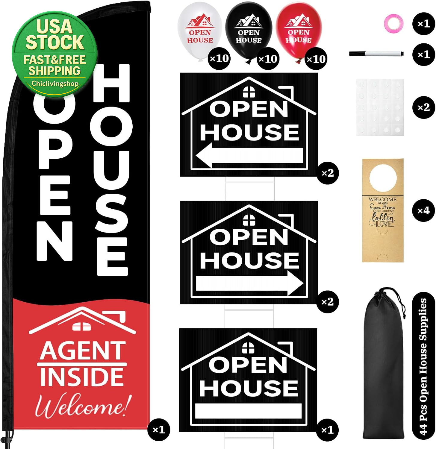 44 Pcs Open House Sign Kit Double Sided Flags Balloons Directions Real Estate