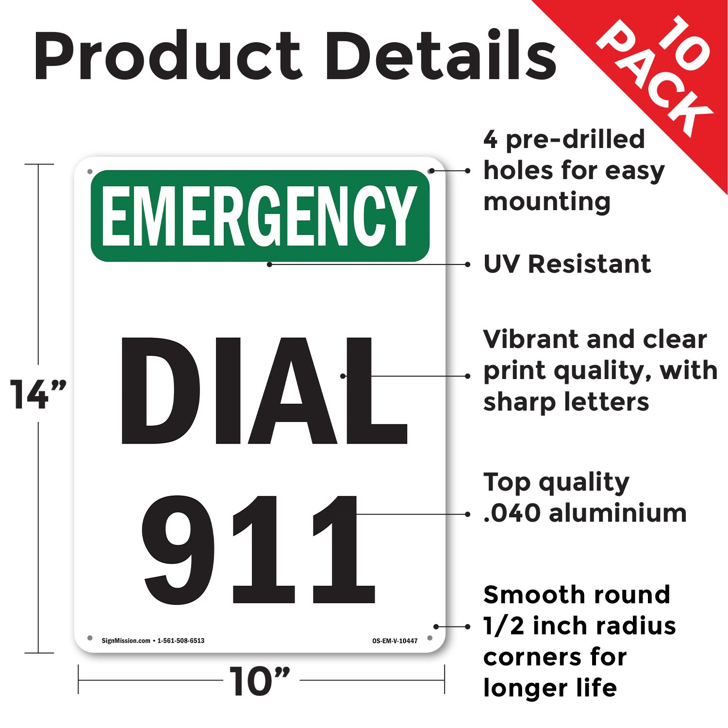 Dial 911 OSHA Emergency Sign Metal, Plastic, Or Decal – 5 or 10 Pack