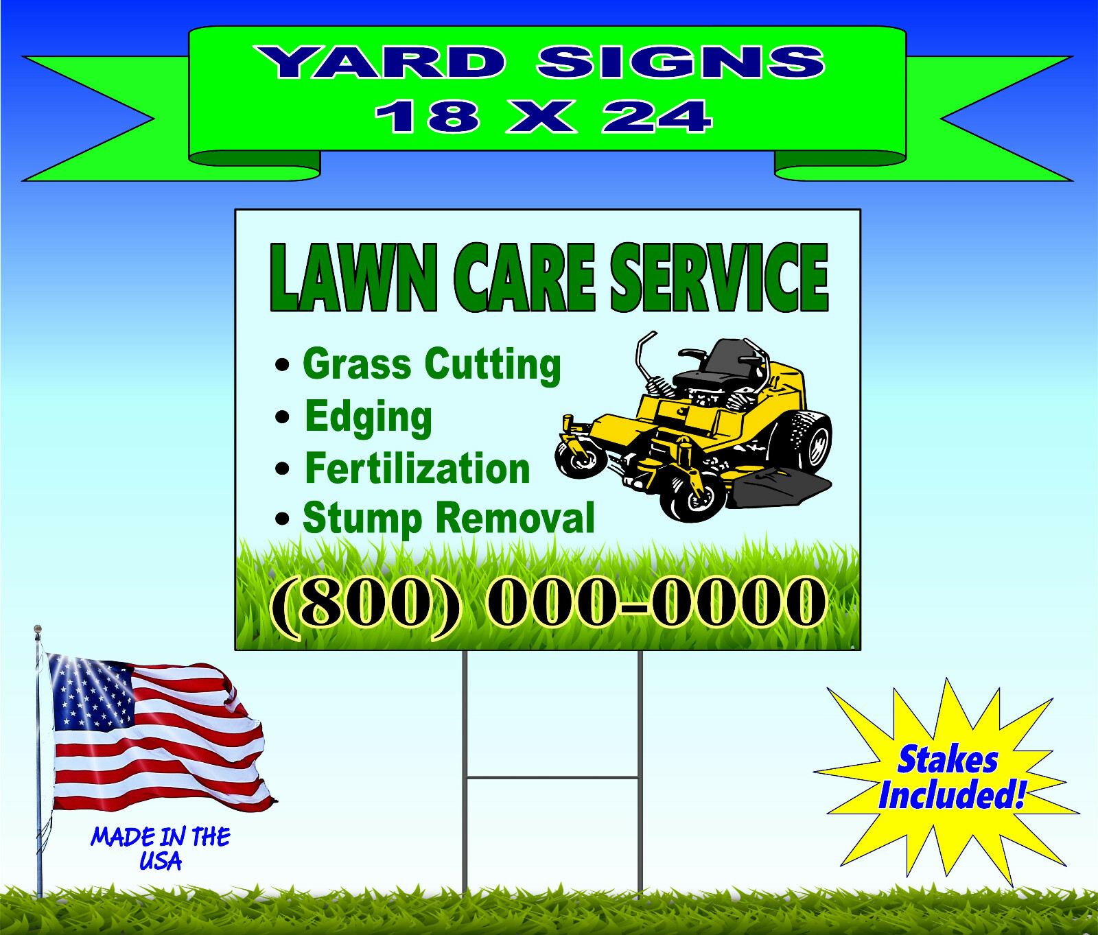 12 – 18×24 Yard Signs – Custom Design – Full Color – 2 Sided – Stakes Included!