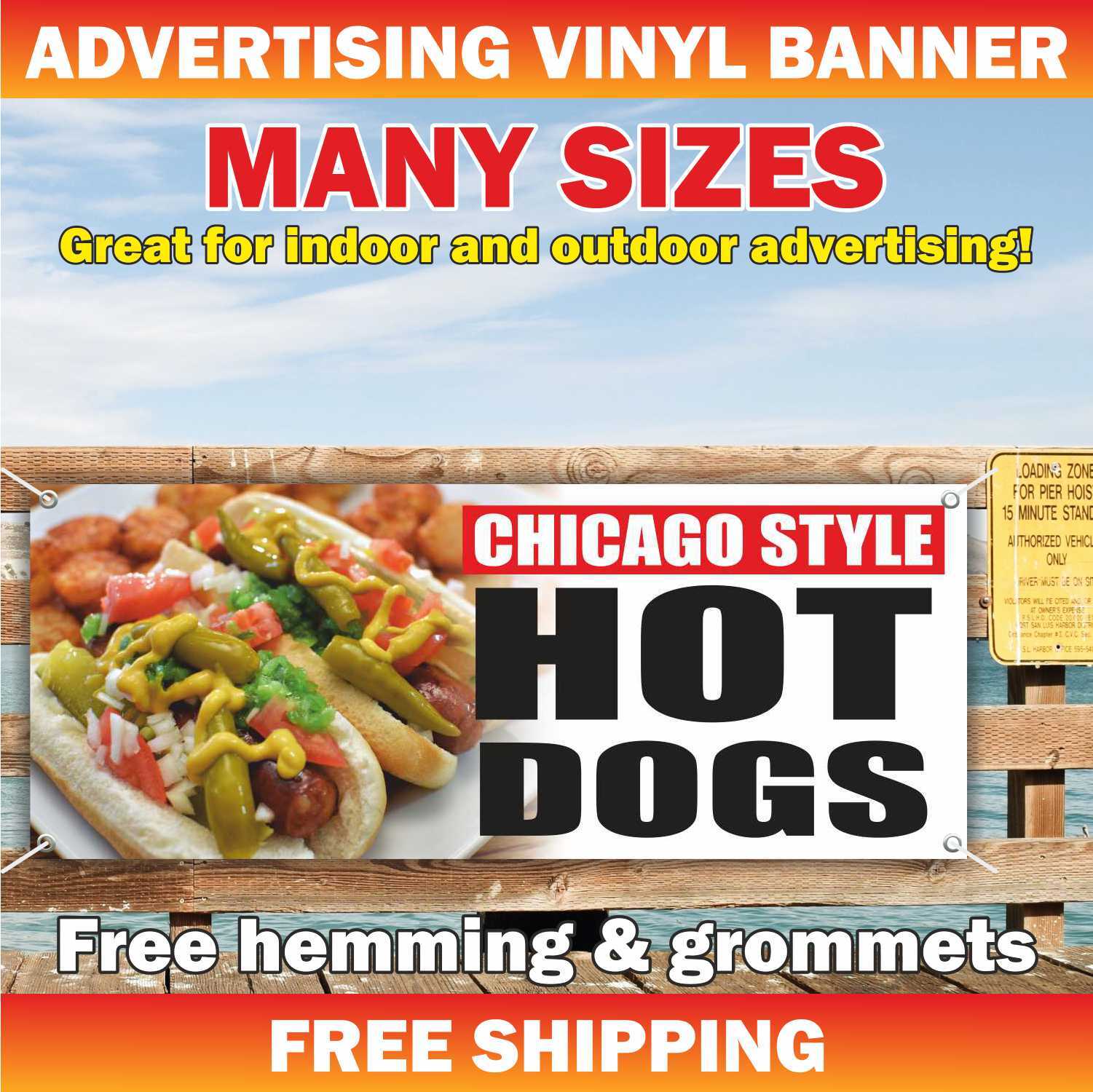 HOT DOGS CHICAGO STYLE Advertising Banner Vinyl Mesh Sign Street Food Sandwich