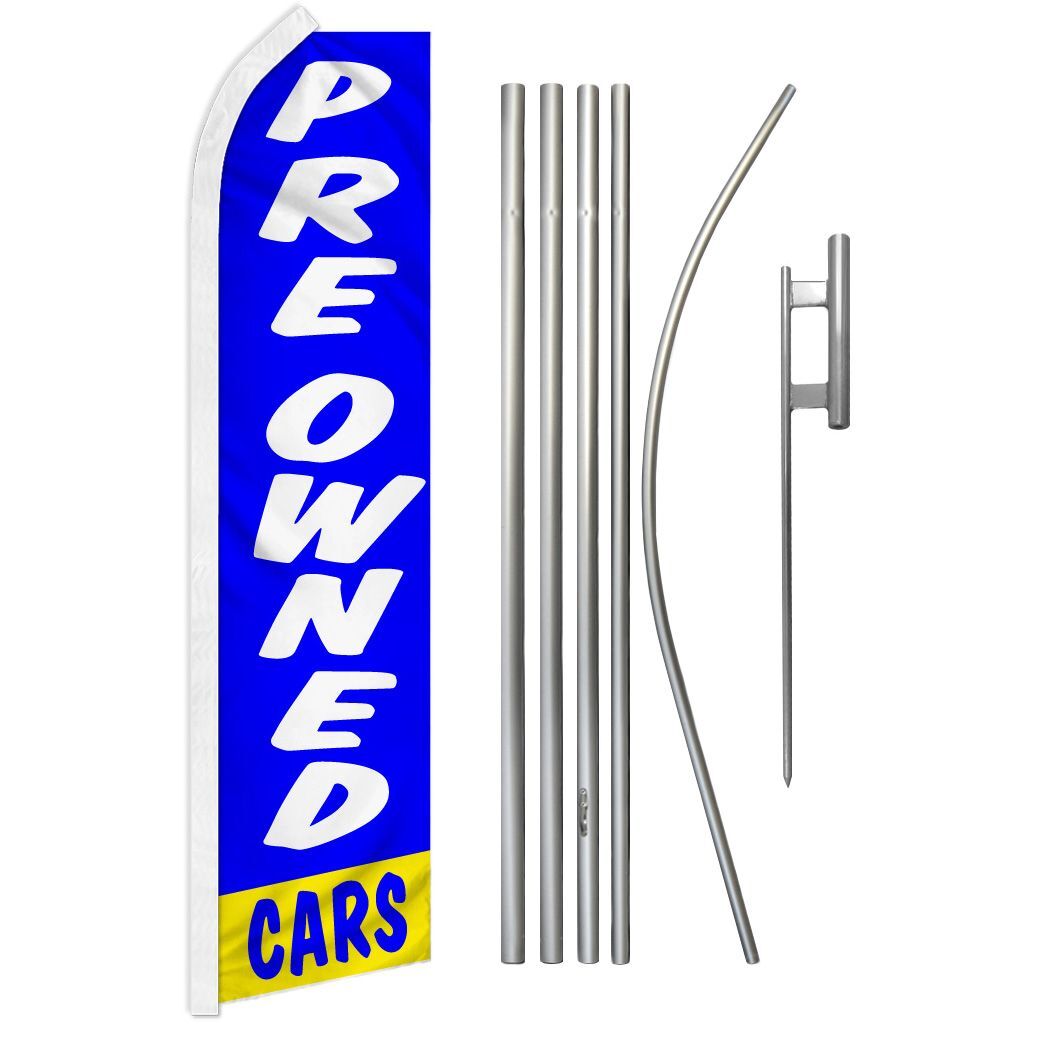 « PRE OWNED CARS » Advertising Super Flag & Pole Kit blue used auto