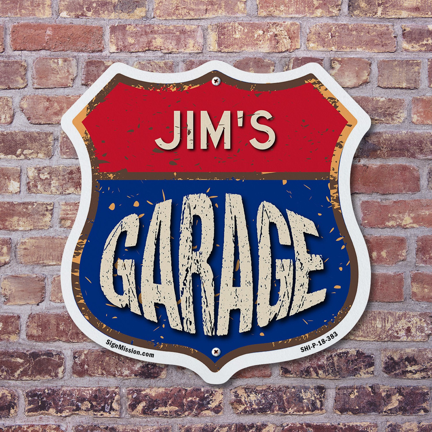 Jim&rsquo;s Garage Shield Shaped Sign Weather Resistant Crafted in the USA