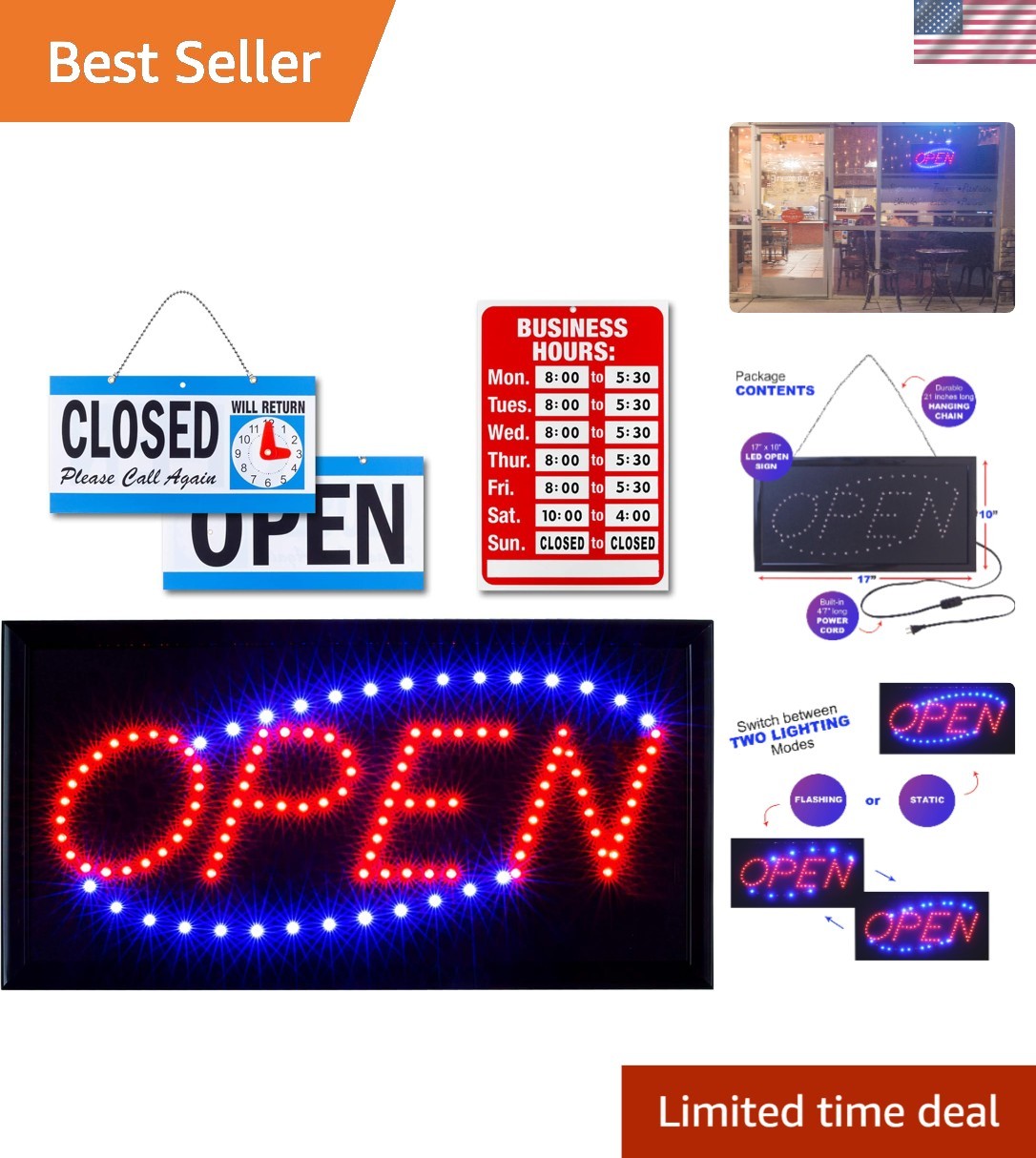 Modern Neon Open Sign for Stores – Includes Business Hours & Open/Closed Signs