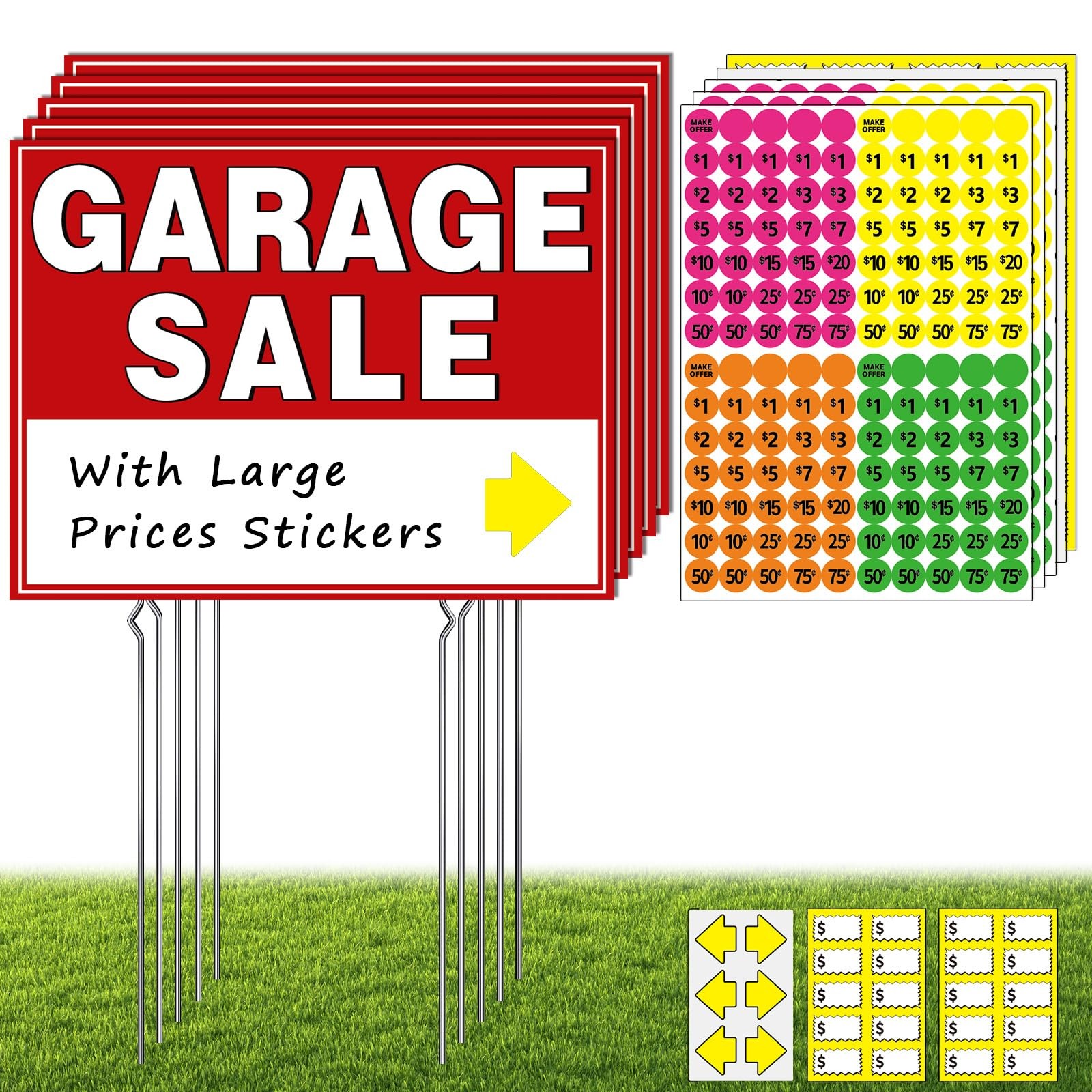 Garage Sale Kit Signs Stakes Price Stickers Directional Arrows Weatherproof
