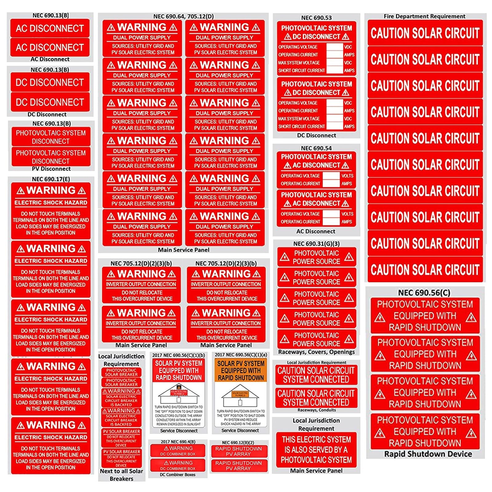 62 Pack Premium Solar PV System Labels – UV Resistant, Safety Warning Photovolta
